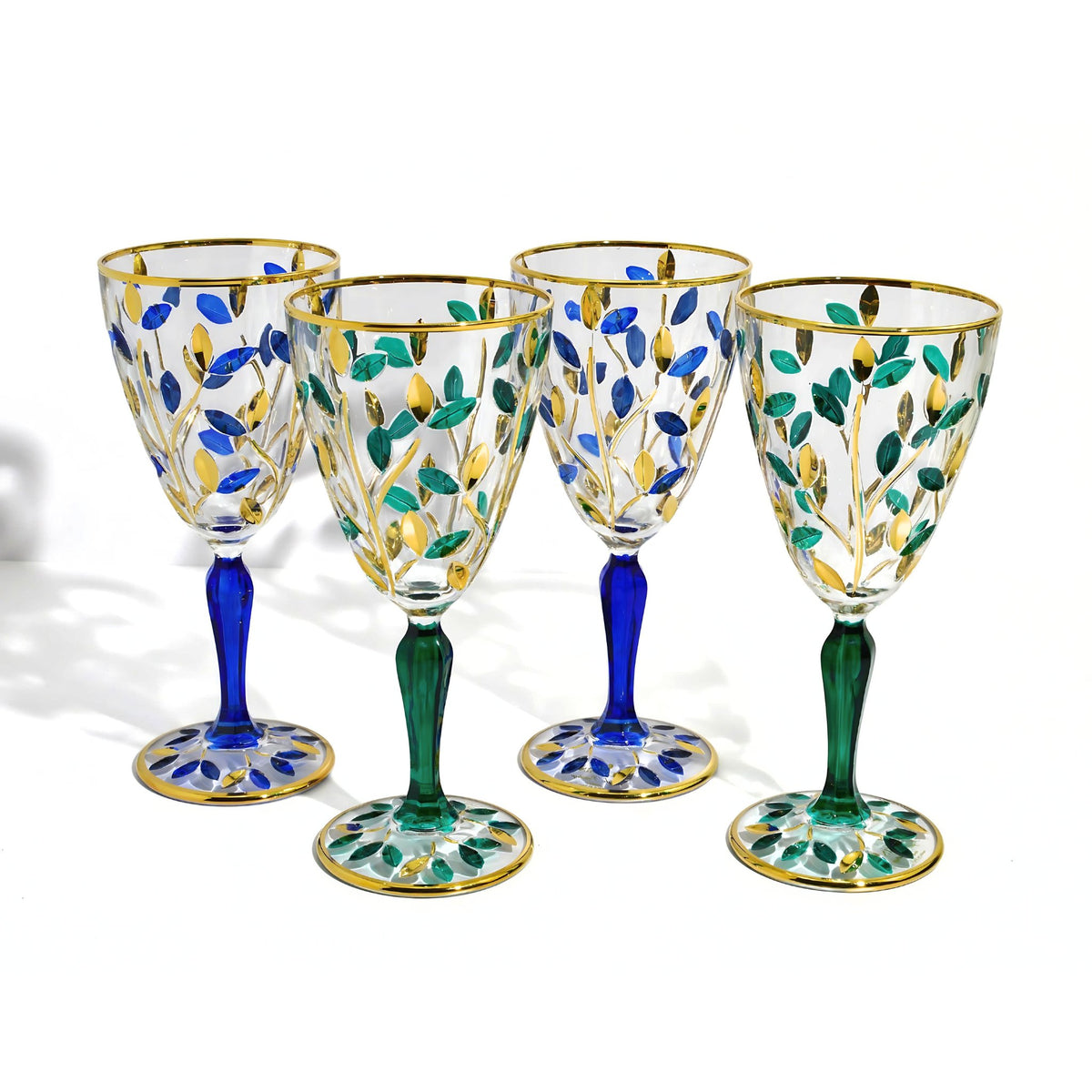 Flowervine Sapphire Blue and Gold Wine Glasses, Set of 2