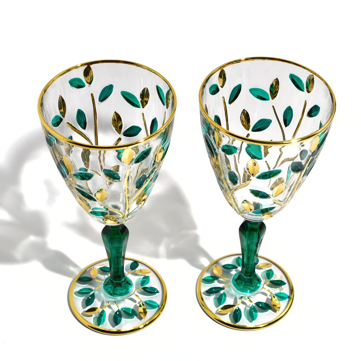 Flowervine Emerald Green and Gold Wine Glasses, Set of 2