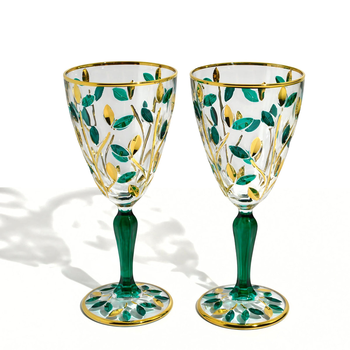 Flowervine Emerald Green and Gold Wine Glasses, Set of 2