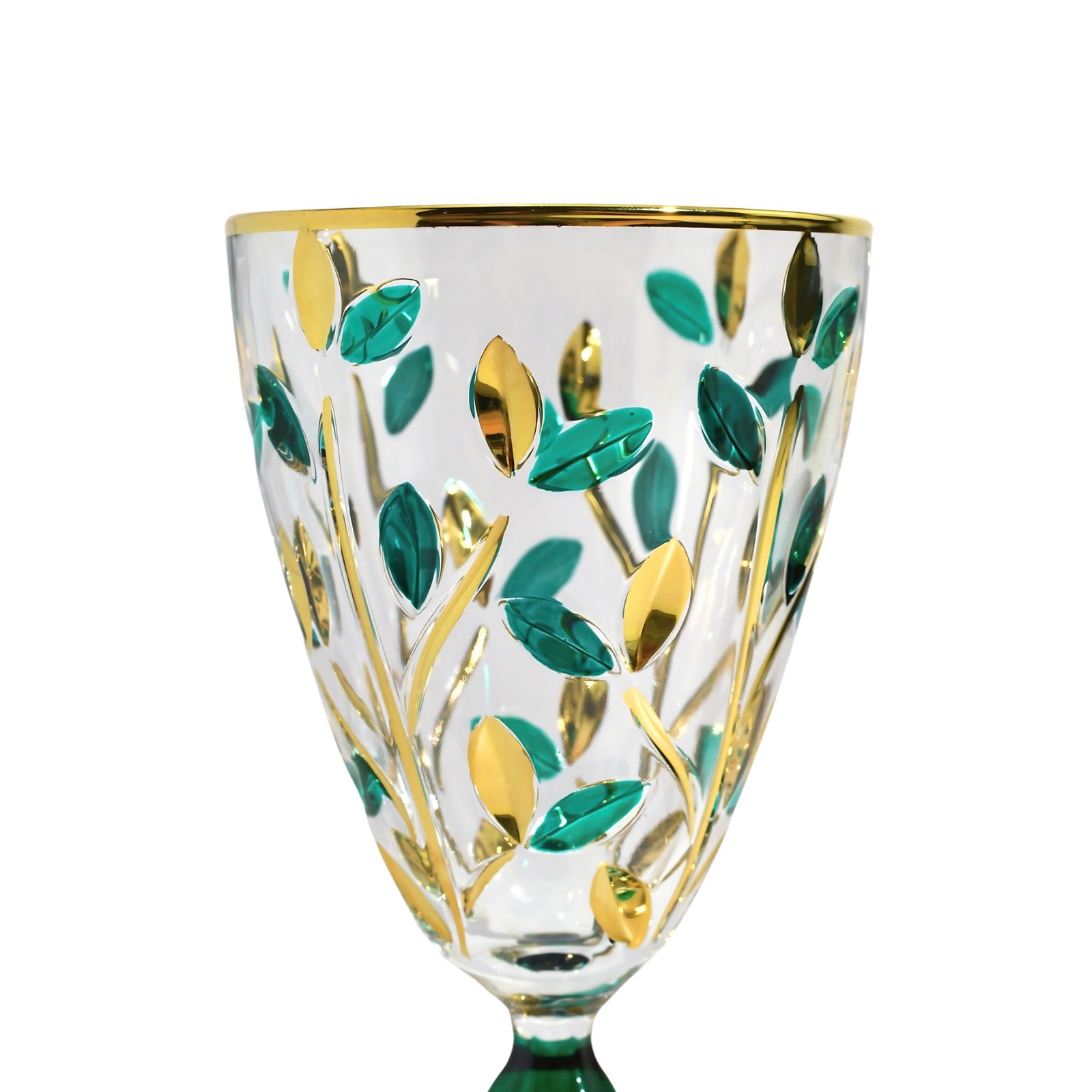 Set of two DZ Flowervine emerald green and gold wine glasses with intricate floral design and elegant stems.