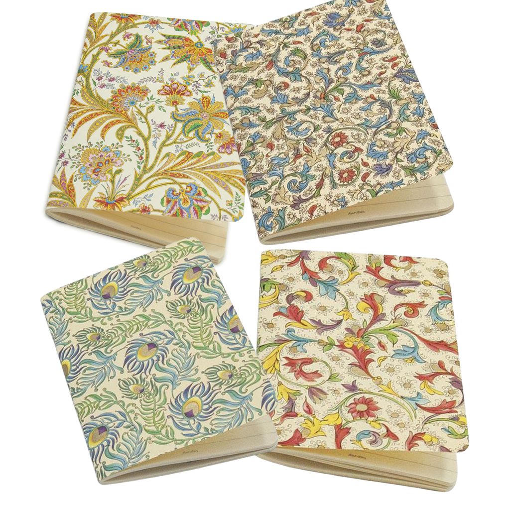 Set of four softcover journals with Florentine design, 4x6 inches, by My Italian Decor, featuring intricate patterns and elegant covers.