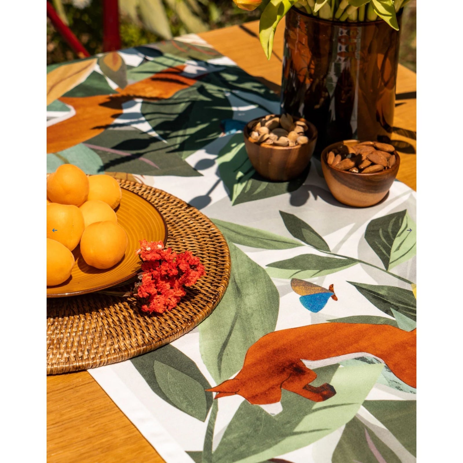Fox & Bird table runner made of 100% Italian cotton satin, showcasing detailed design and elegant craftsmanship.