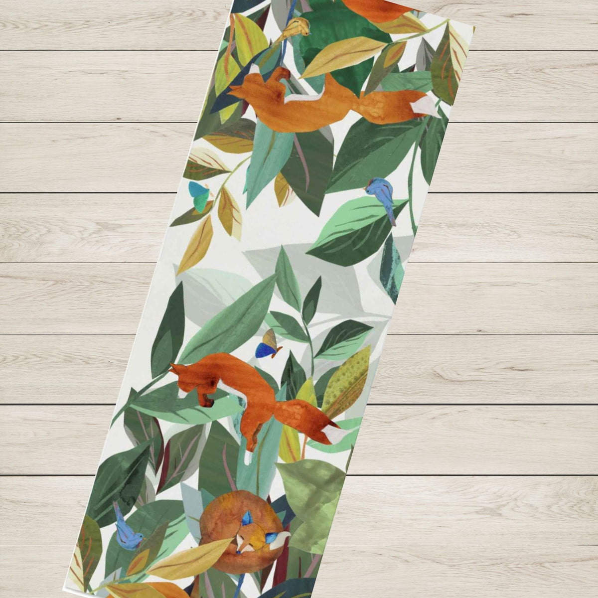 Fox &amp; Bird Table Runner, 100% Italian Cotton Satin, Made in Italy