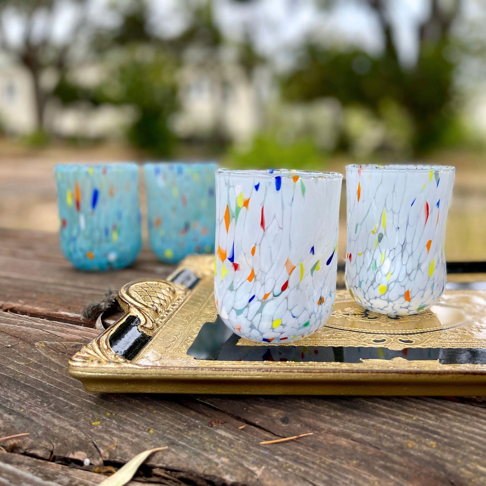 Set of 2 or 6 DZ Murano Glass Tumblers from the Fresca Due collection, featuring colorful, handcrafted glassware with intricate designs.
