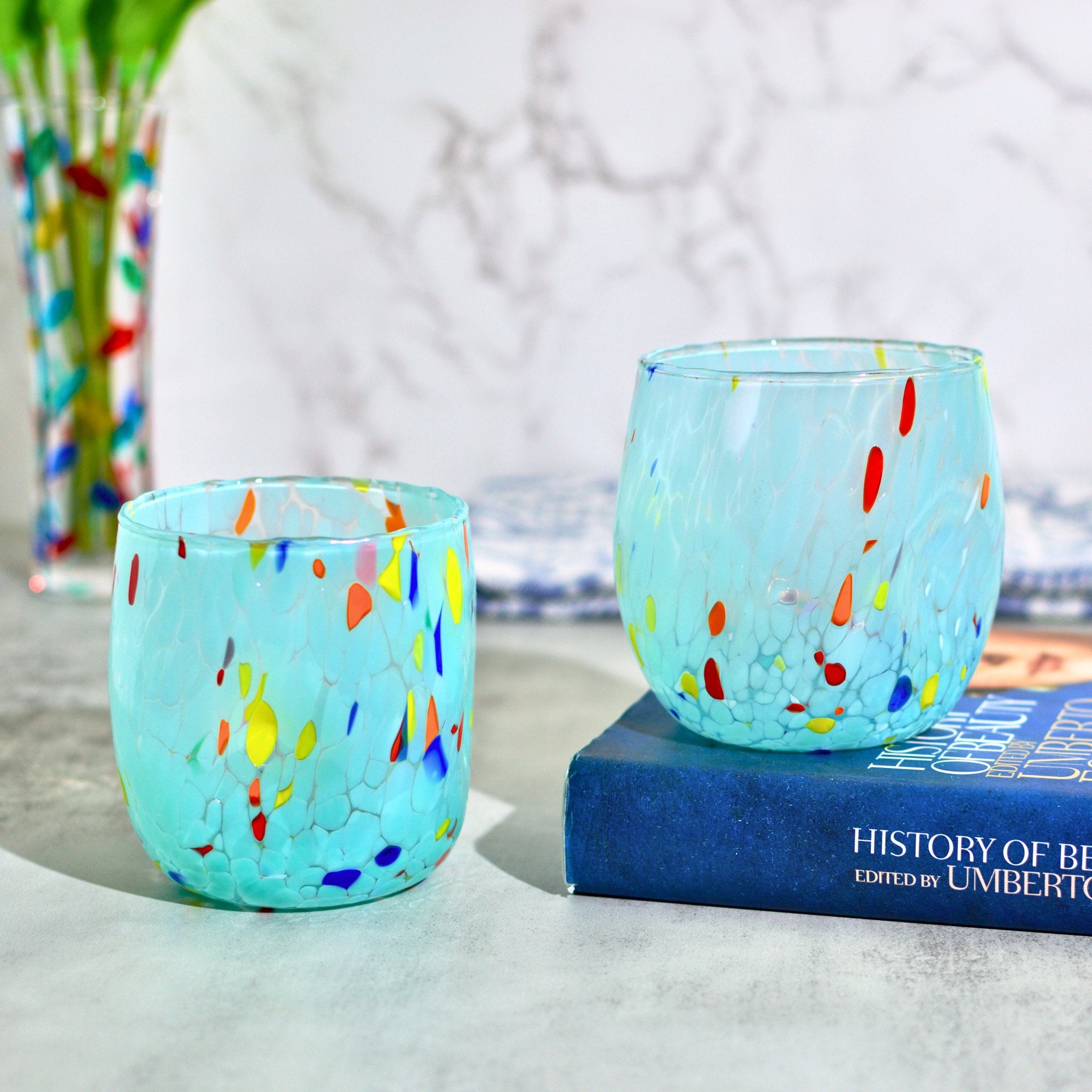 Set of two sky-blue Murano glass tumblers from Italy, round Fresca design, handcrafted by My Italian Decor.