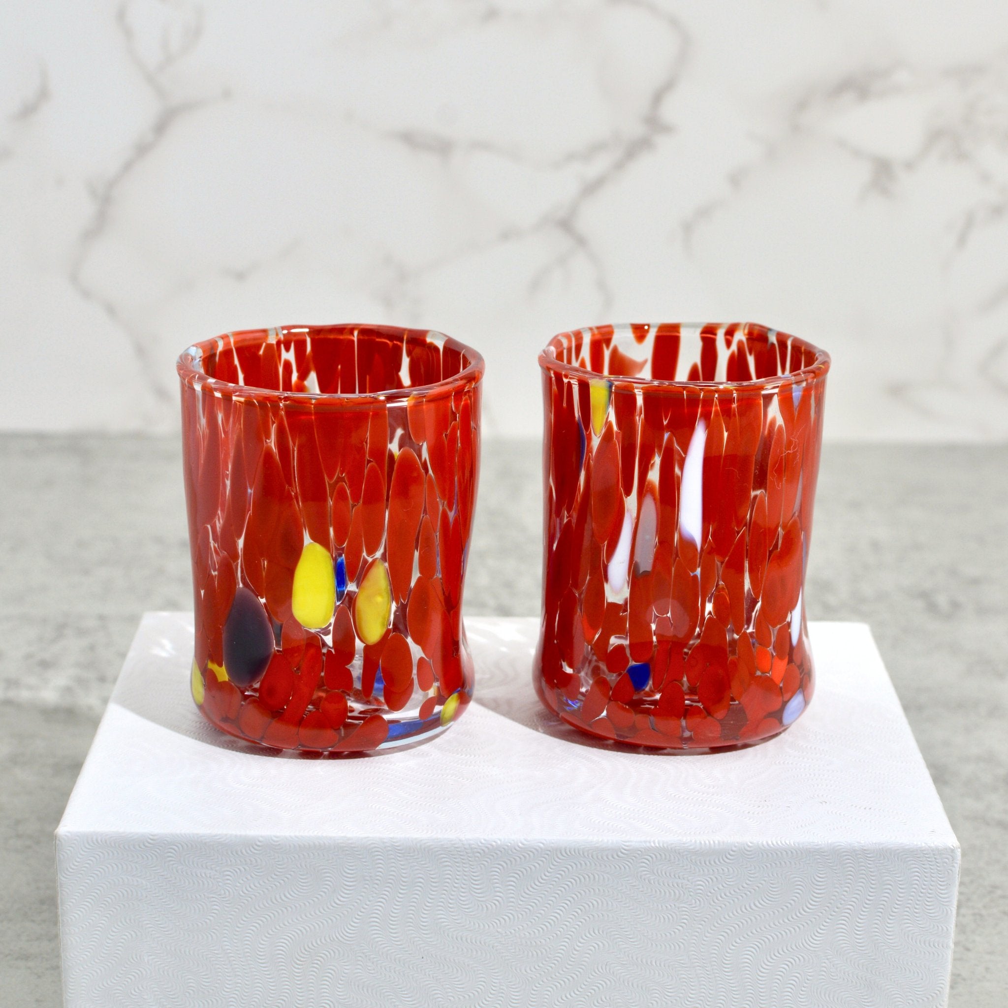 Set of two Murano Glass Fresca shot glasses in vibrant red, handcrafted in Italy by MyItalianDecor.