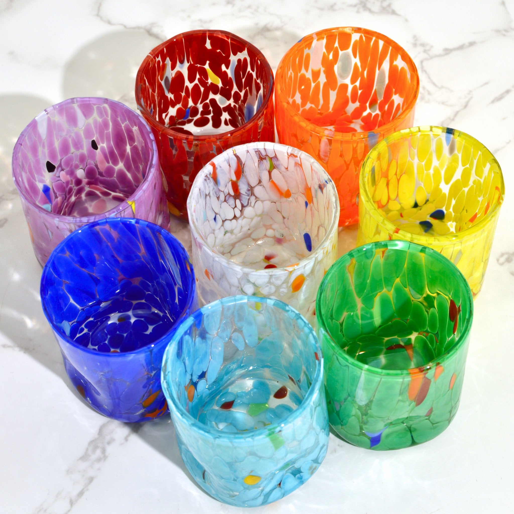 Set of two Murano Glass Fresca shot glasses by MyItalianDecor, featuring vibrant hand-blown Italian glass craftsmanship.