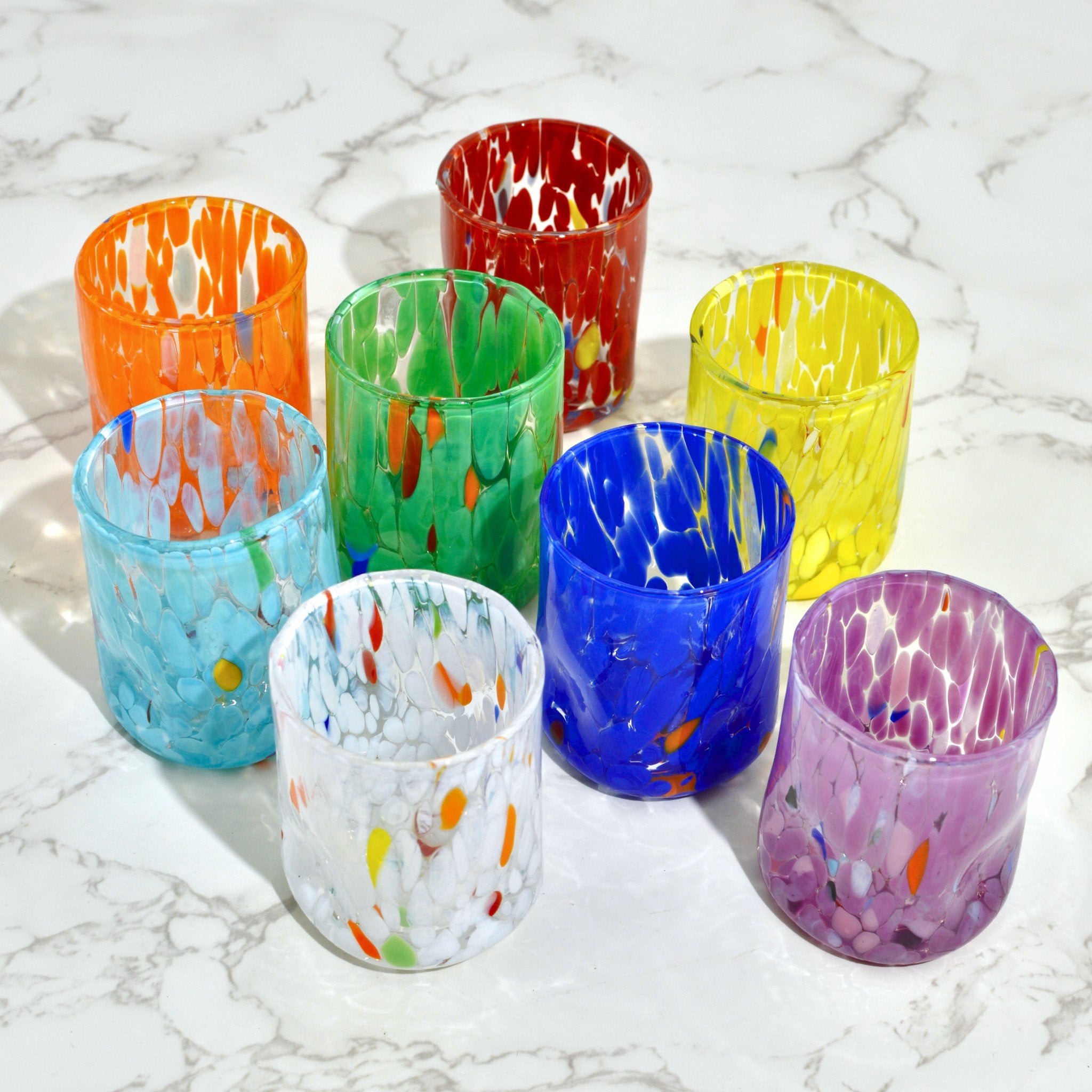 Set of two Murano Glass Fresca shot glasses in vibrant marble colors, handcrafted in Italy, by MyItalianDecor.