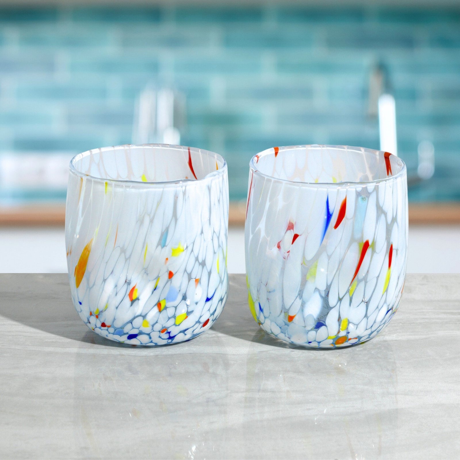 Set of 2 Murano glass round tumblers in white, Fresca design, made in Italy by My Italian Decor, featuring clear, elegant craftsmanship.