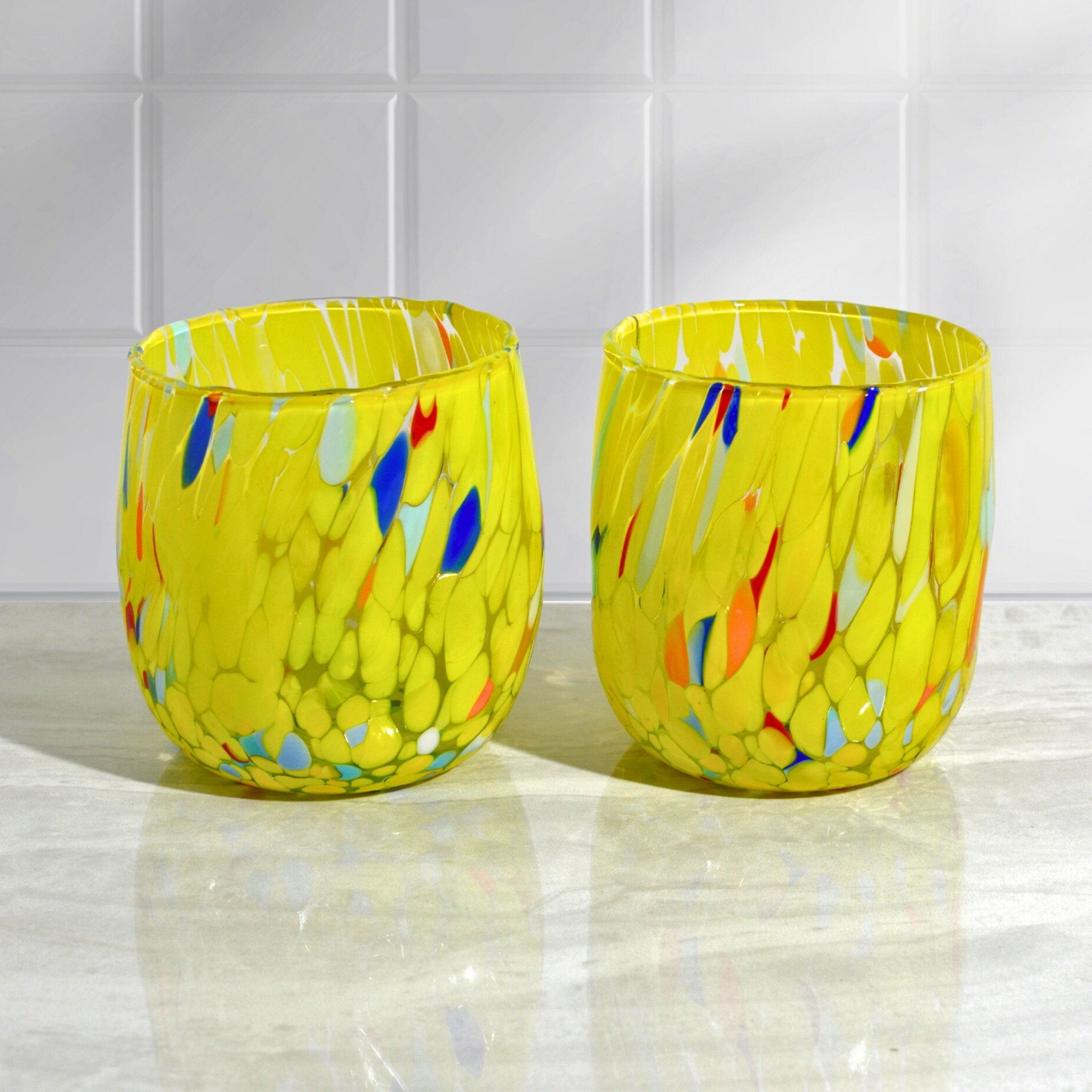 Set of two Murano glass round tumblers in yellow, Fresca design by My Italian Decor, made in Italy.