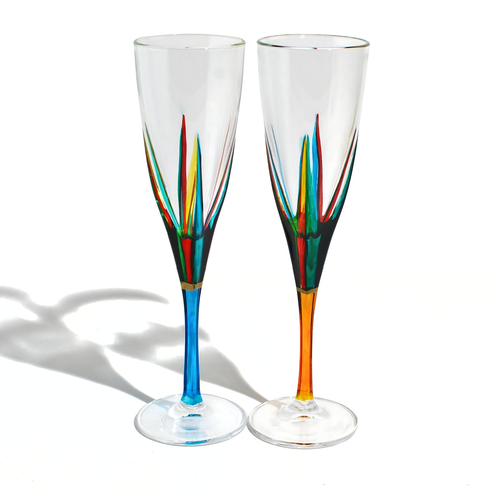 Set of 2 DZ Fusion champagne glasses, hand-painted Italian crystal champagne flutes with elegant design on cloth background