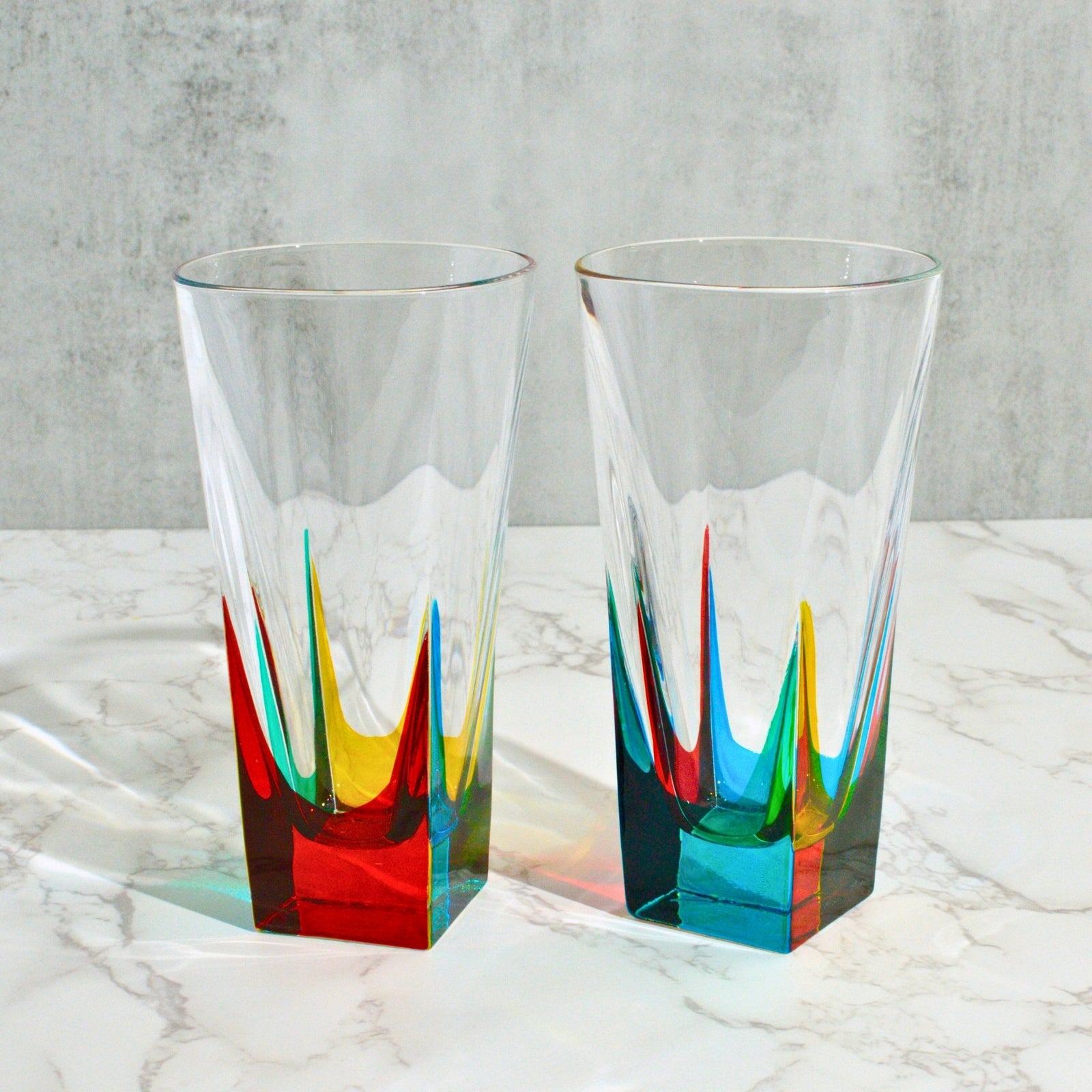 Set of 2 DZ Fusion tall drinking glasses, hand painted crystal tumblers with elegant design, made in Italy.