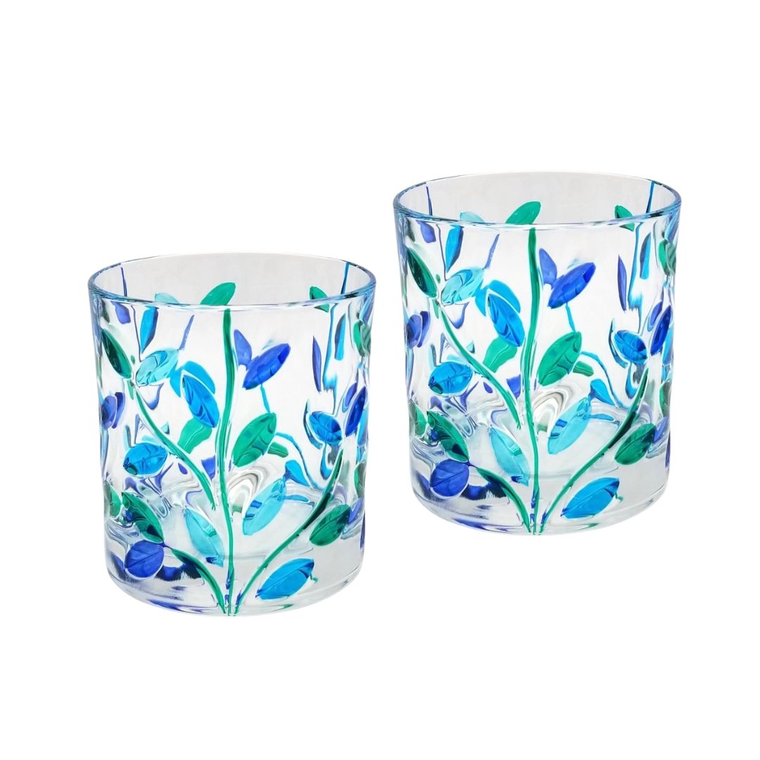 Set of 2 Short Drink Glasses, Flowervine, Blue Green, Made in Italy - My Italian Decor