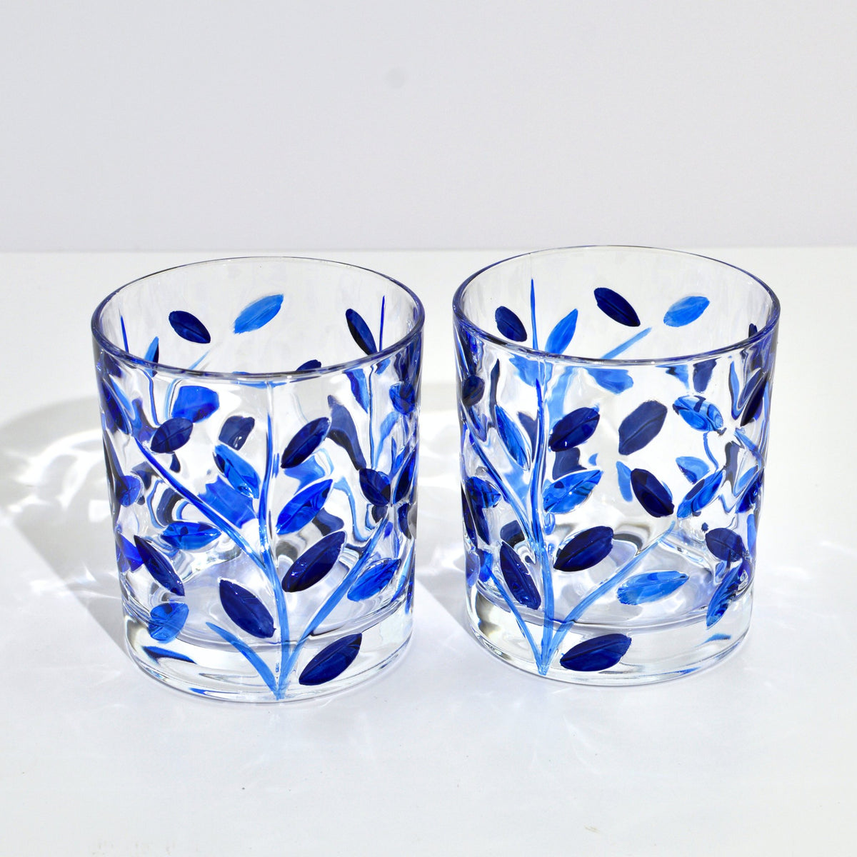 Hand-Painted Italian Crystal Flowervine Short Drink Glasses, Sapphire Blue