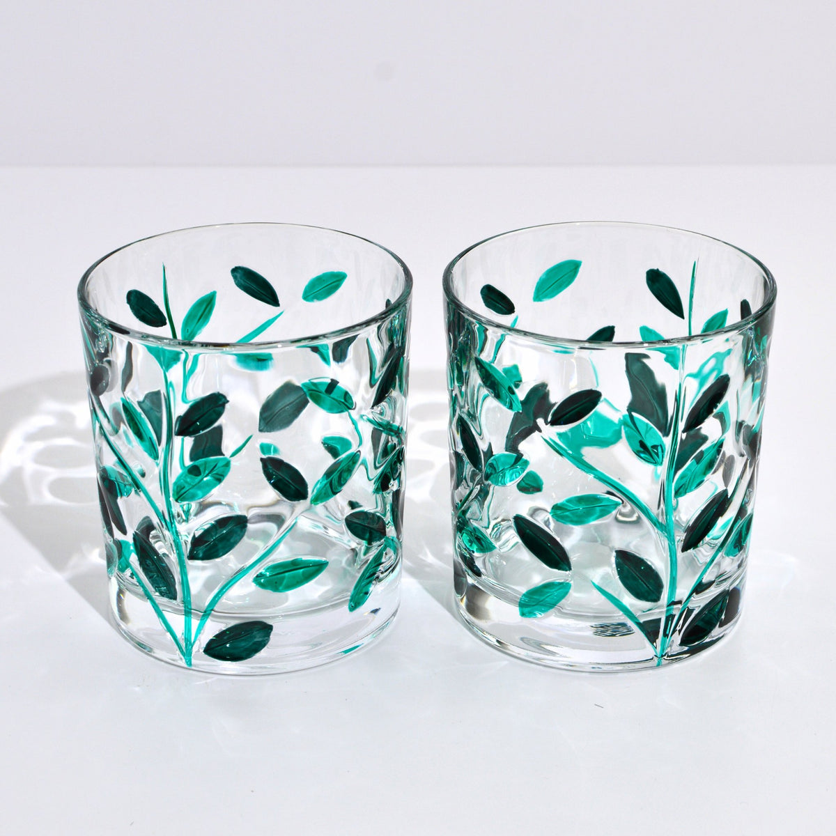 Hand-Painted Italian Crystal Flowervine Short Drink Glasses, Emerald Green