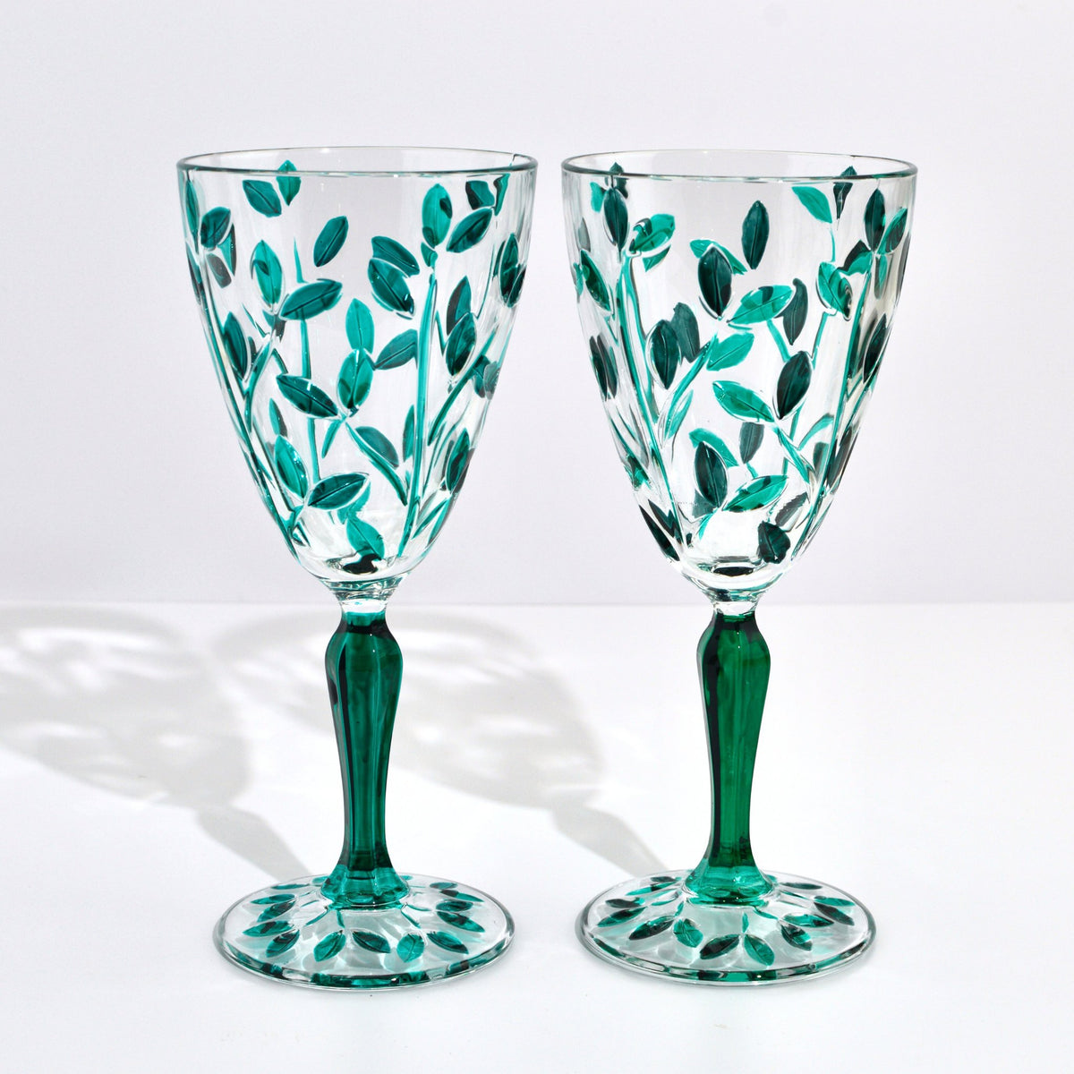 Flowervine Wine Glasses, Hand-Painted Italian Crystal, Emerald Green