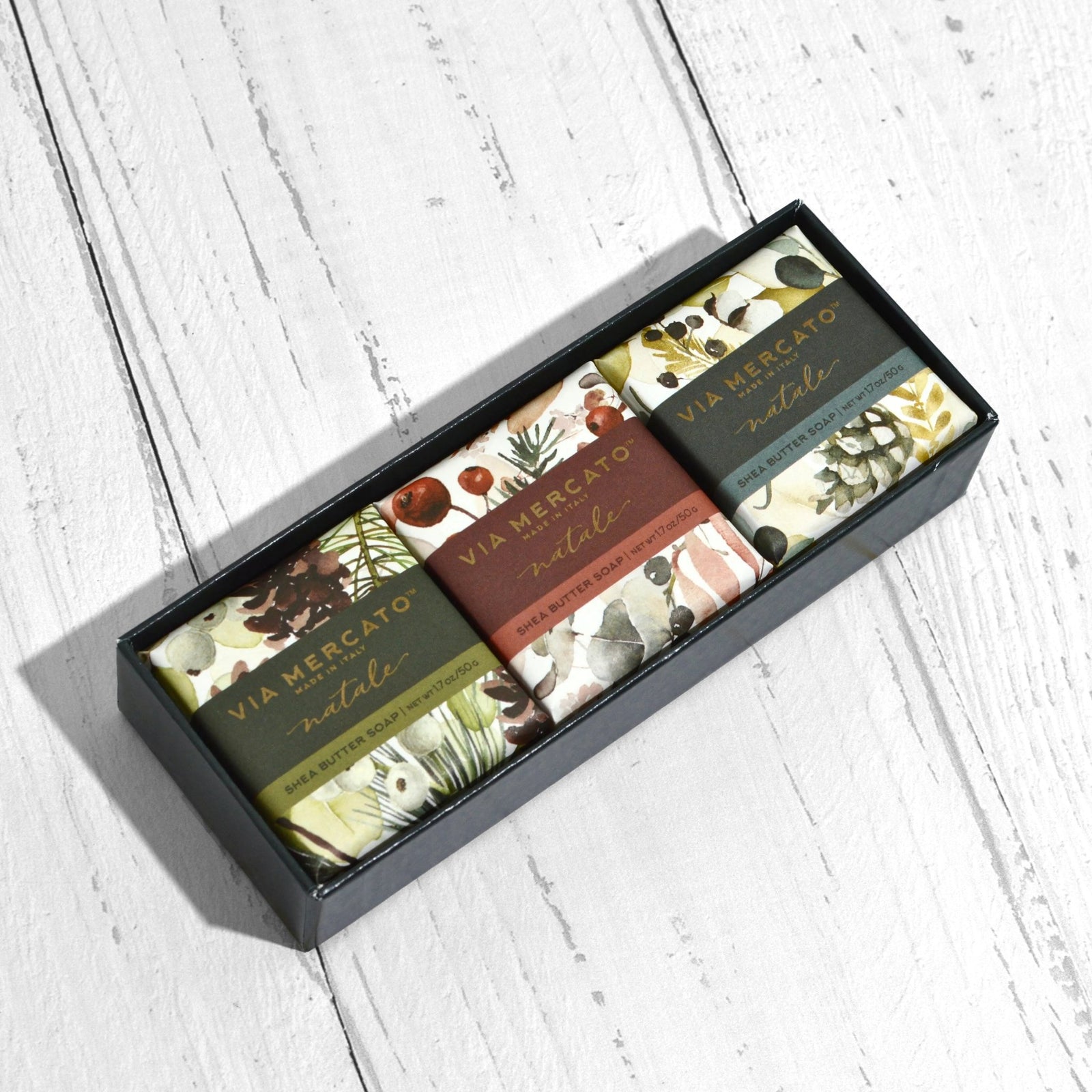 My Italian Decor Via Mercato Gnome soap gift set featuring bar soap and colorful Murano glass gnome figurines.