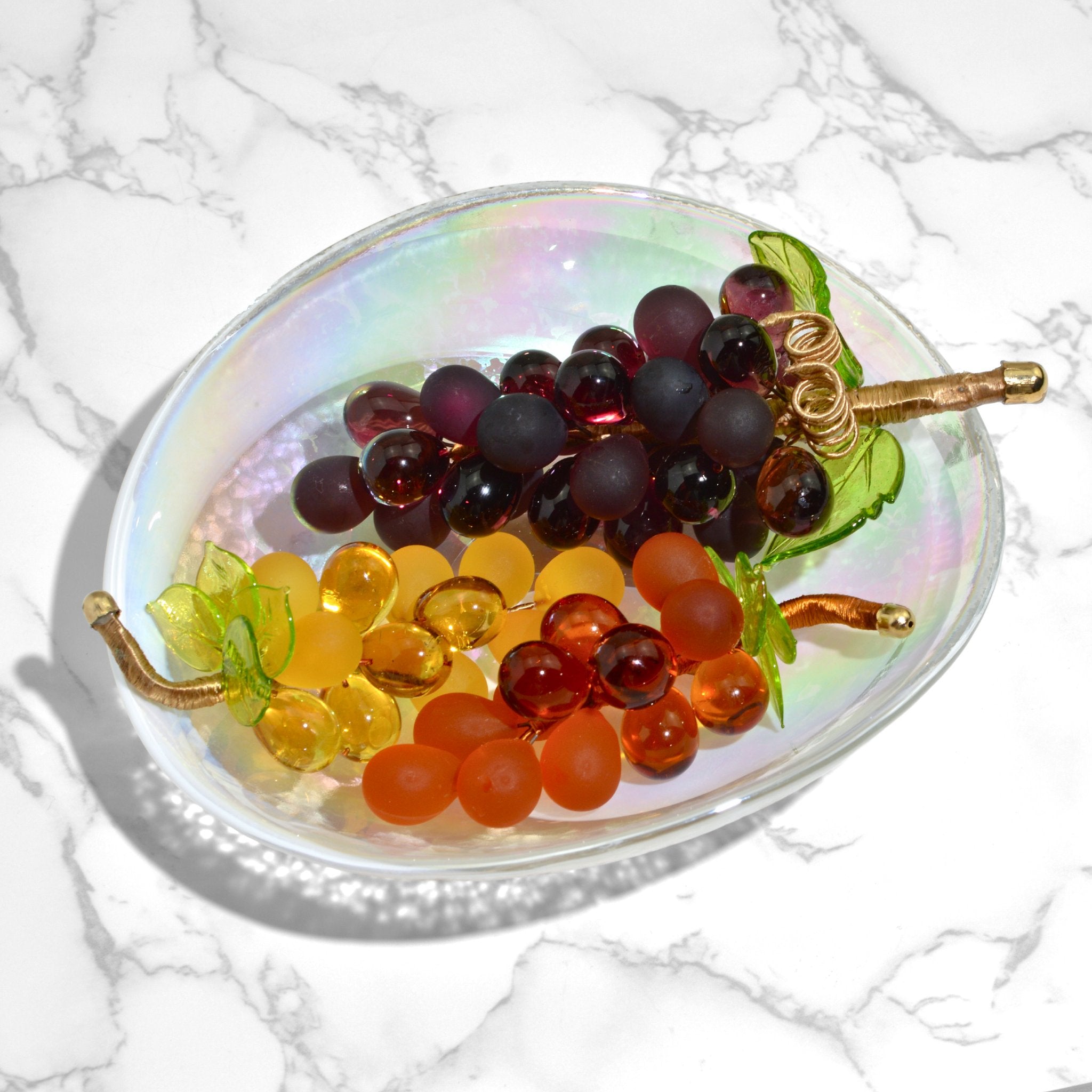 Large Murano glass grape cluster in a yellow bowl, artificial fall-themed Italian-made floral decor by MyItalianDecor.