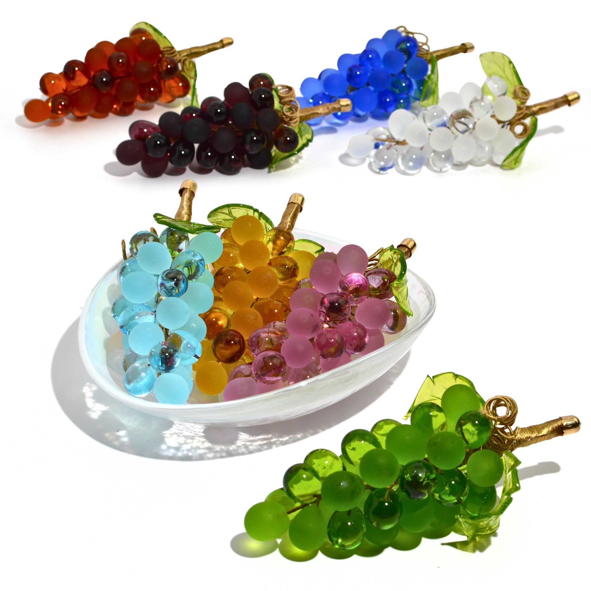 Large Murano Glass Grape Cluster in all colors displayed in a Yalos bowl, crafted as artificial floral decor by MyItalianDecor.