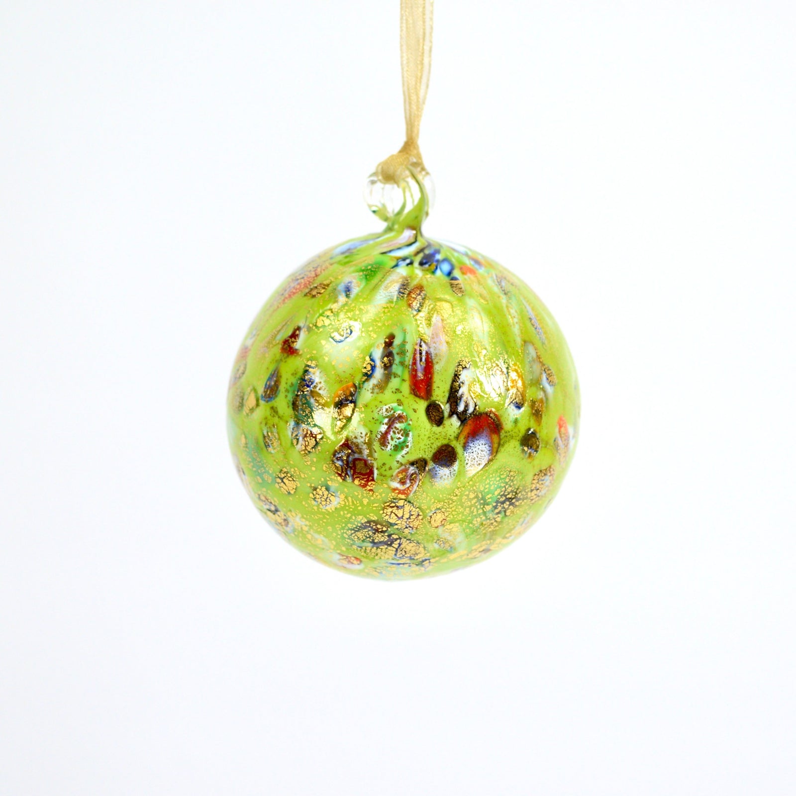 Colorful Murano glass holiday ornament with macchia accents, handcrafted in Italy, perfect for festive decorations.
