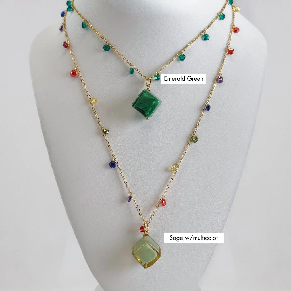 Green Murano Glass Dolce Necklace handcrafted in Italy, featuring colorful glass beads and intricate craftsmanship.