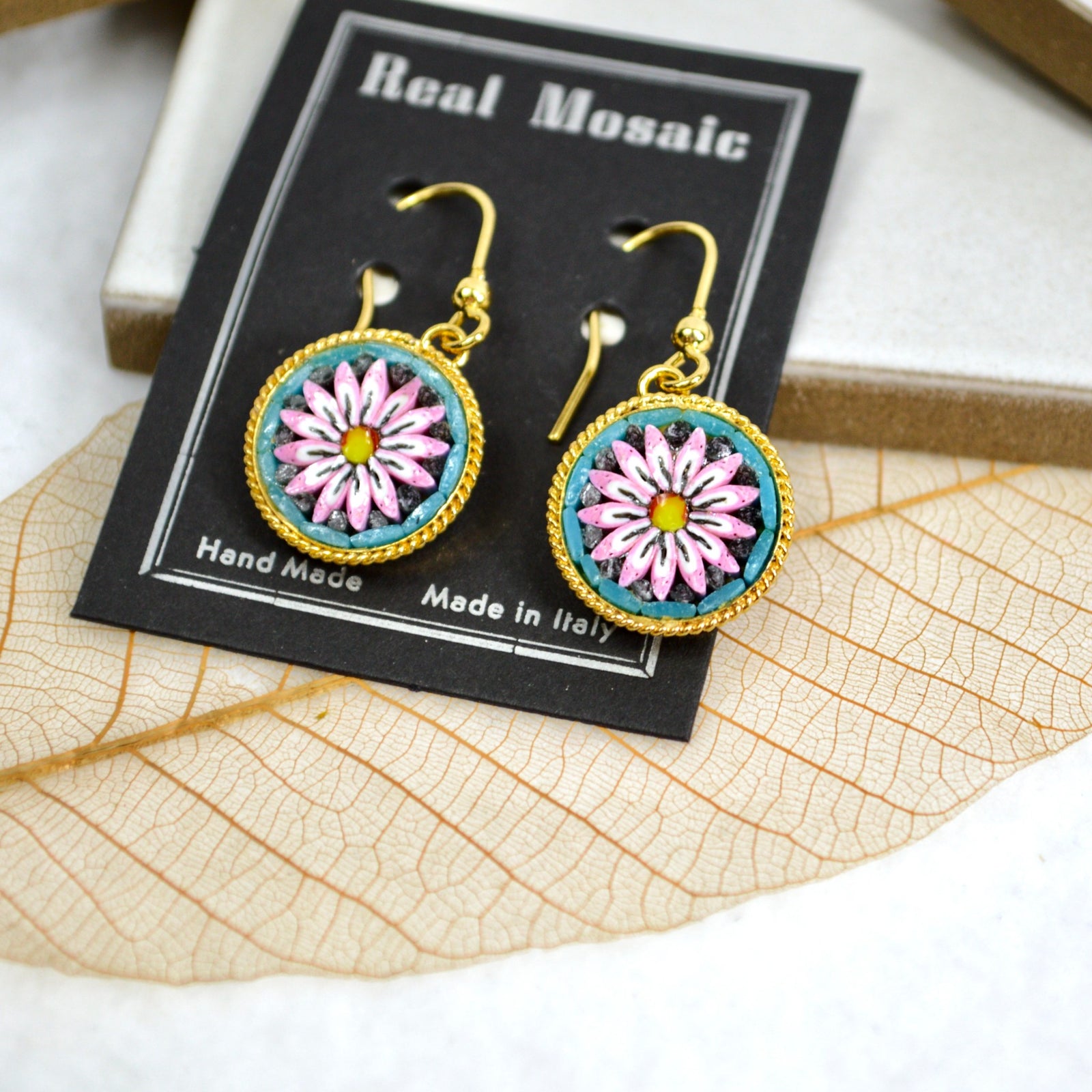 Large Florentine micro mosaic earrings with colorful floral circle design, made in Italy, showcasing intricate blue and red flower patterns.