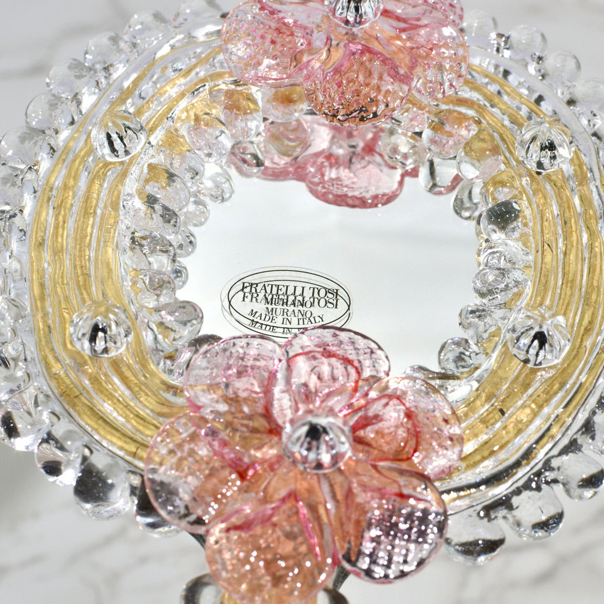 Murano Glass Hand Mirrors, Pink or Clear Flowers, Made in Italy