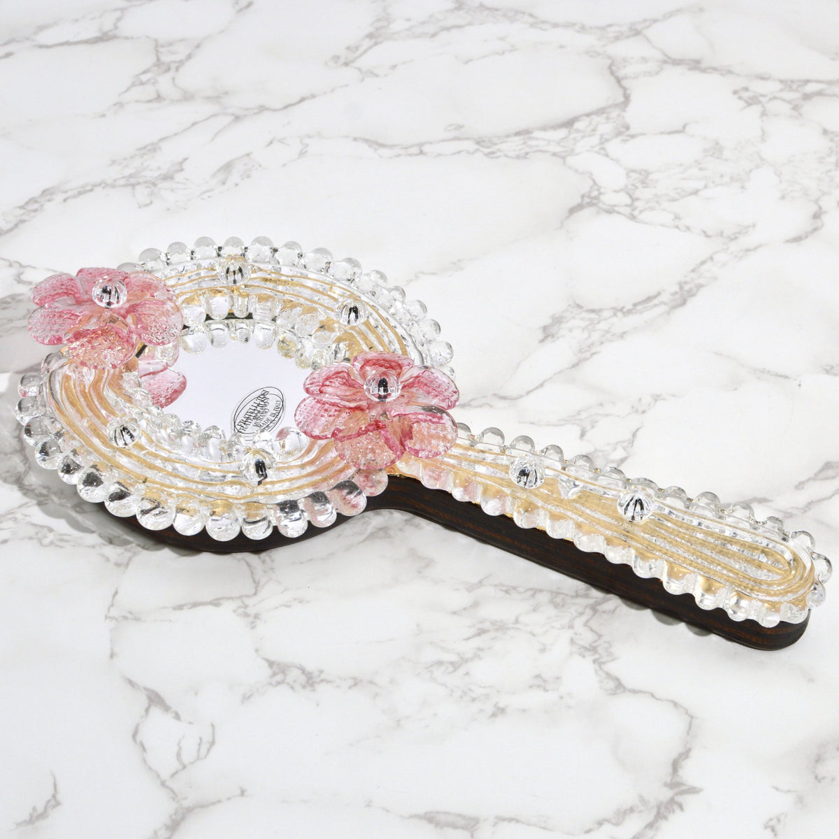 Murano Glass Hand Mirrors, Pink or Clear Flowers, Made in Italy