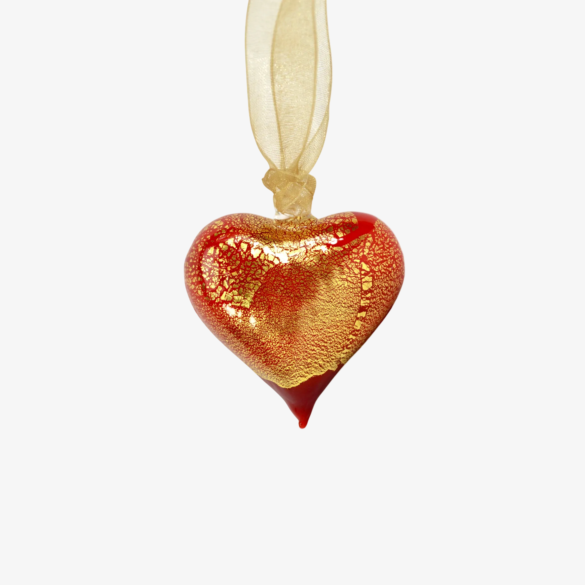 Red Murano glass small heart ornament from Italy, colorful holiday decoration with opaque finish, ideal for festive decor.