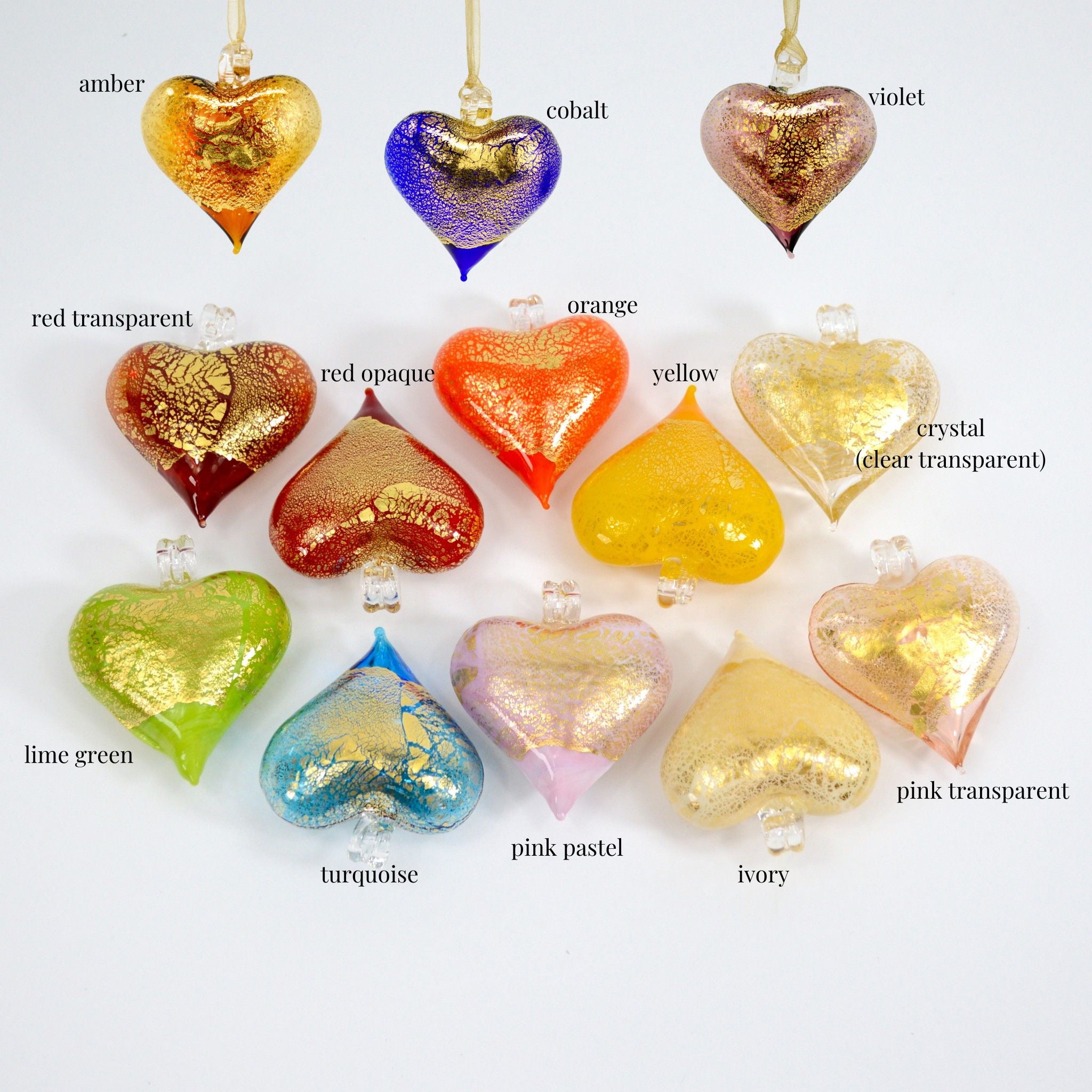 Colorful Murano Glass small heart ornaments hanging, made in Italy, perfect for holiday decoration.