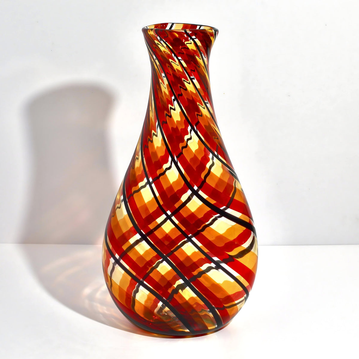 Murano Glass Harlequin Vase, Amber/Red, Made in Italy