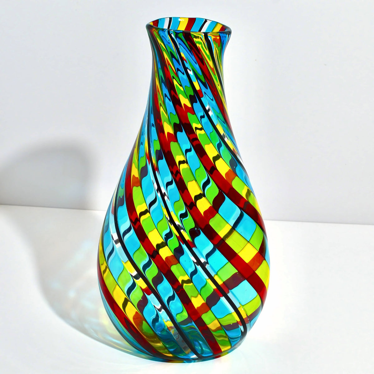 Harlequin Art Glass Vase, Blue/Green/Red Made in Italy