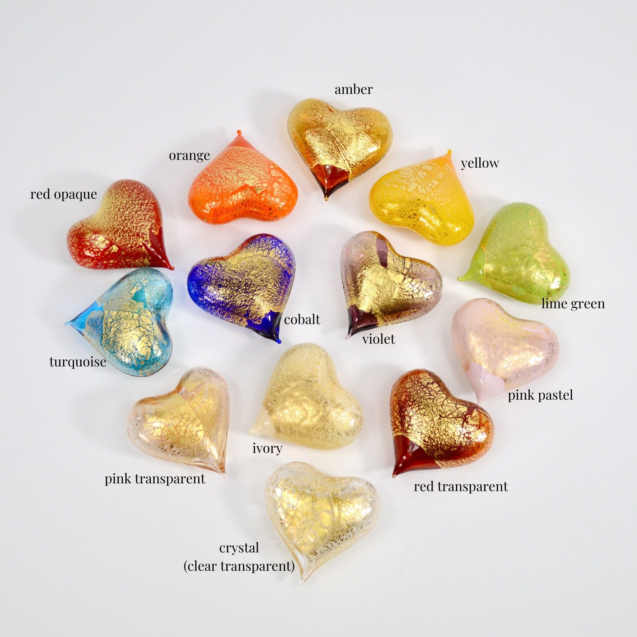 Set of three small Murano Glass Hearts figurines in various colors, handmade in Italy by MyItalianDecor.