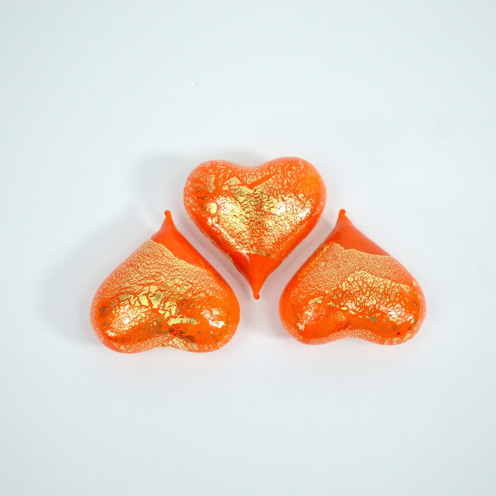 Set of three small Murano glass hearts in orange, colorful figurines made in Italy by MyItalianDecor.