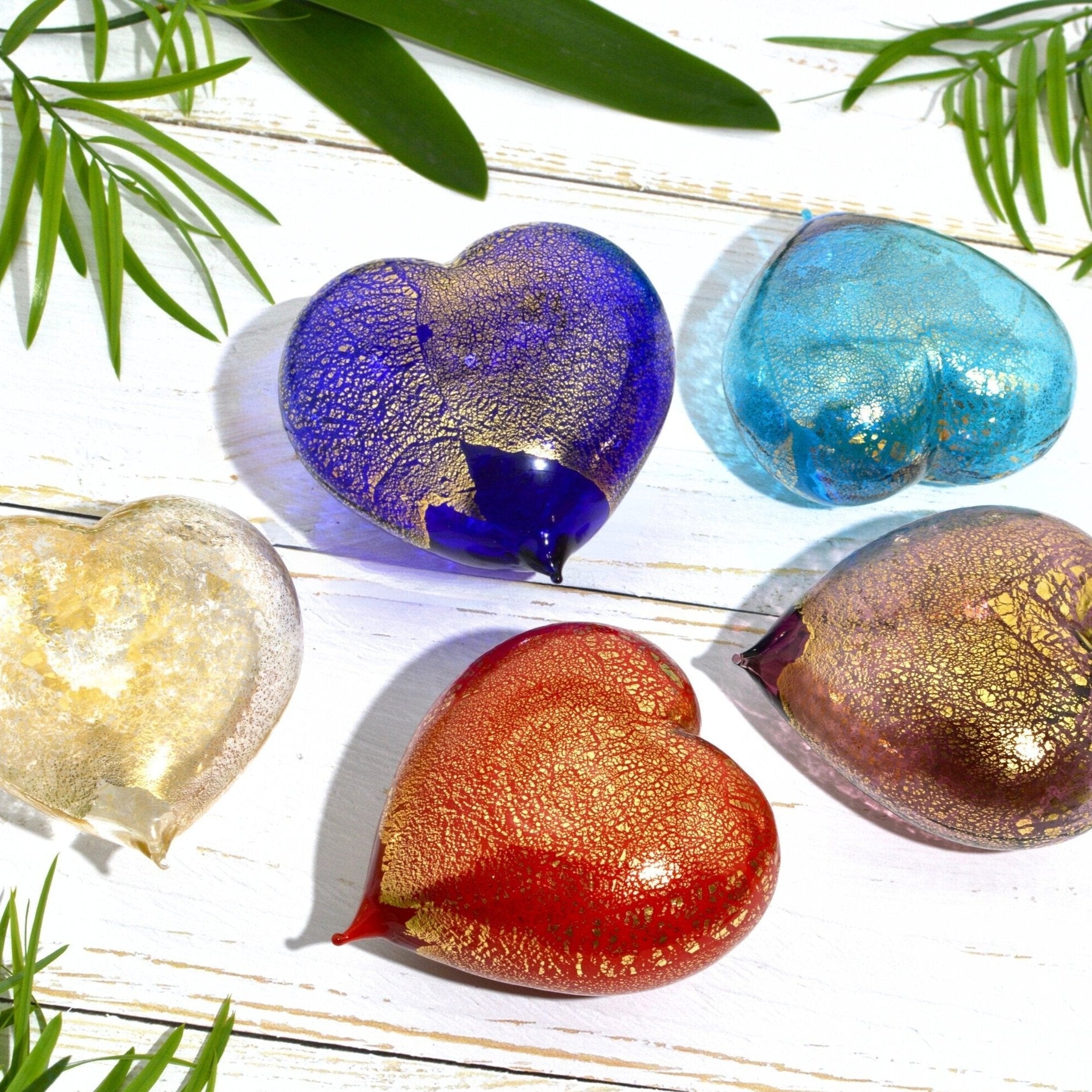 Murano glass heart figurine with 24K gold accents in vibrant colors, handcrafted in Italy by MyItalianDecor.