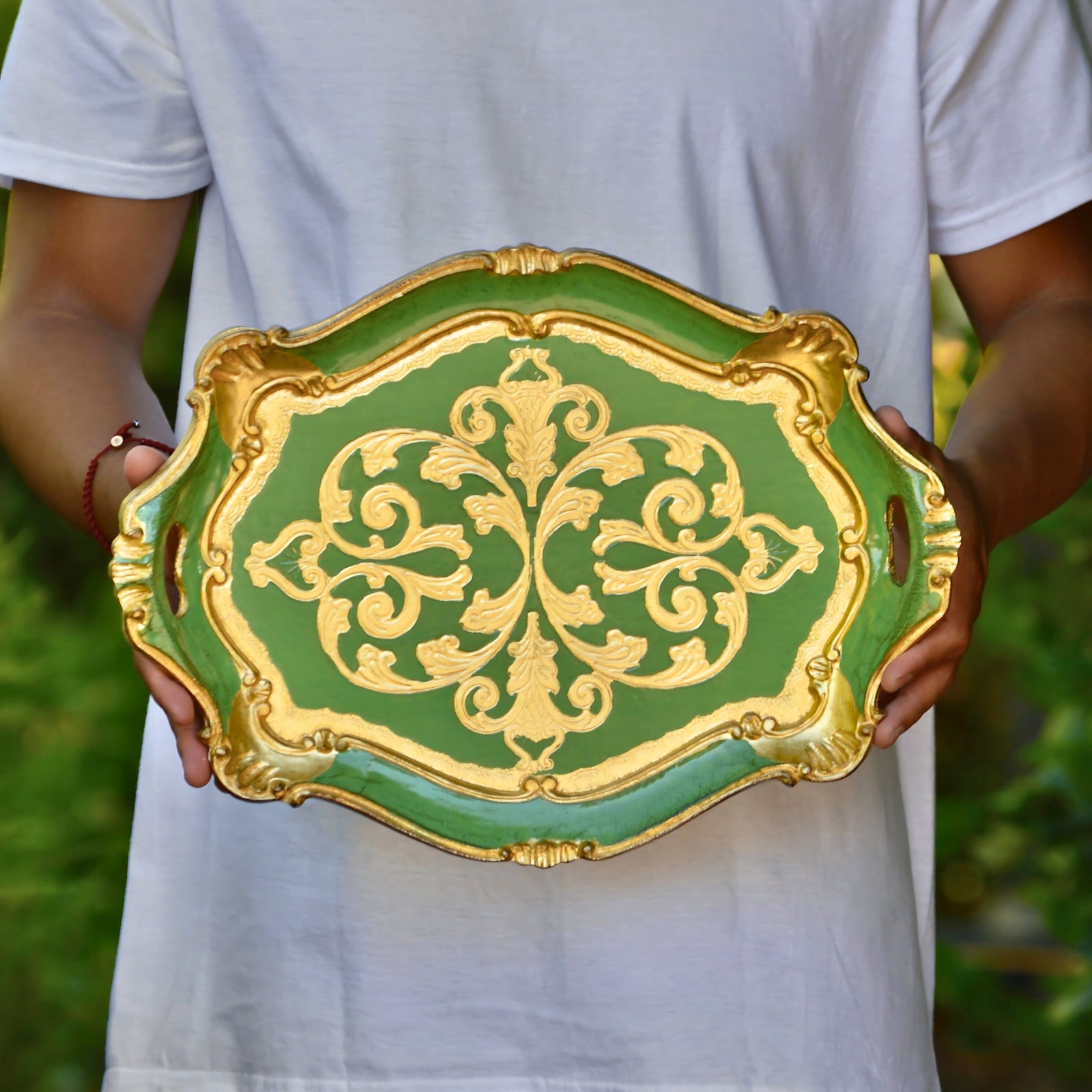 Decorative Florentine carved oval scalloped wood tray with handles, featuring colorful patterns, by My Italian Decor.