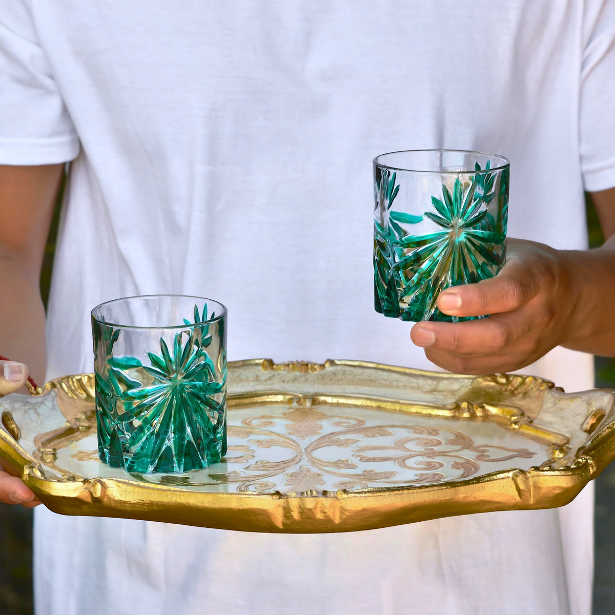 Starburst Short Drink Glasses, Hand-Painted Italian Crystal, Emerald Green