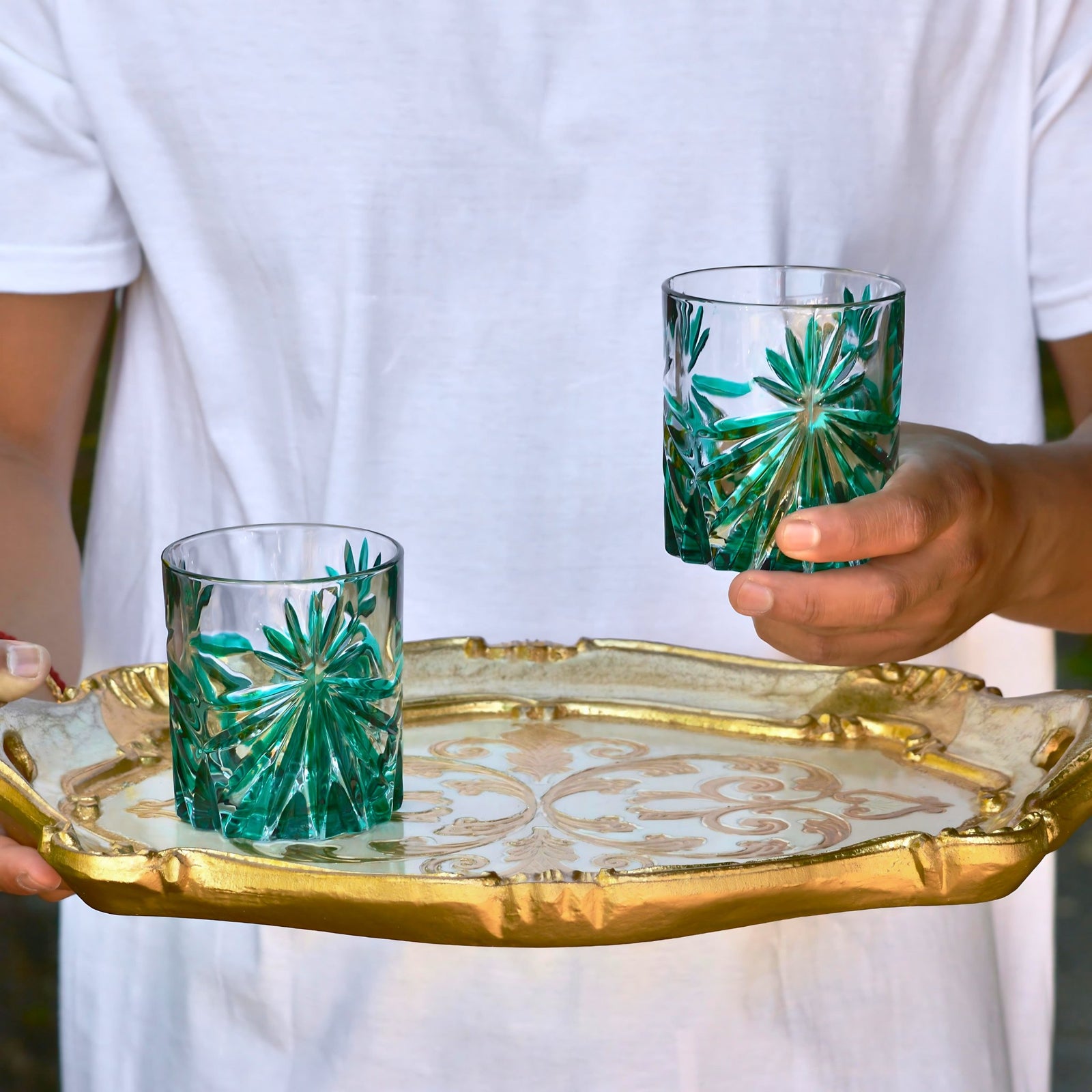 Starburst Short Drink Glasses, Hand-Painted Italian Crystal, Emerald Green - My Italian Decor