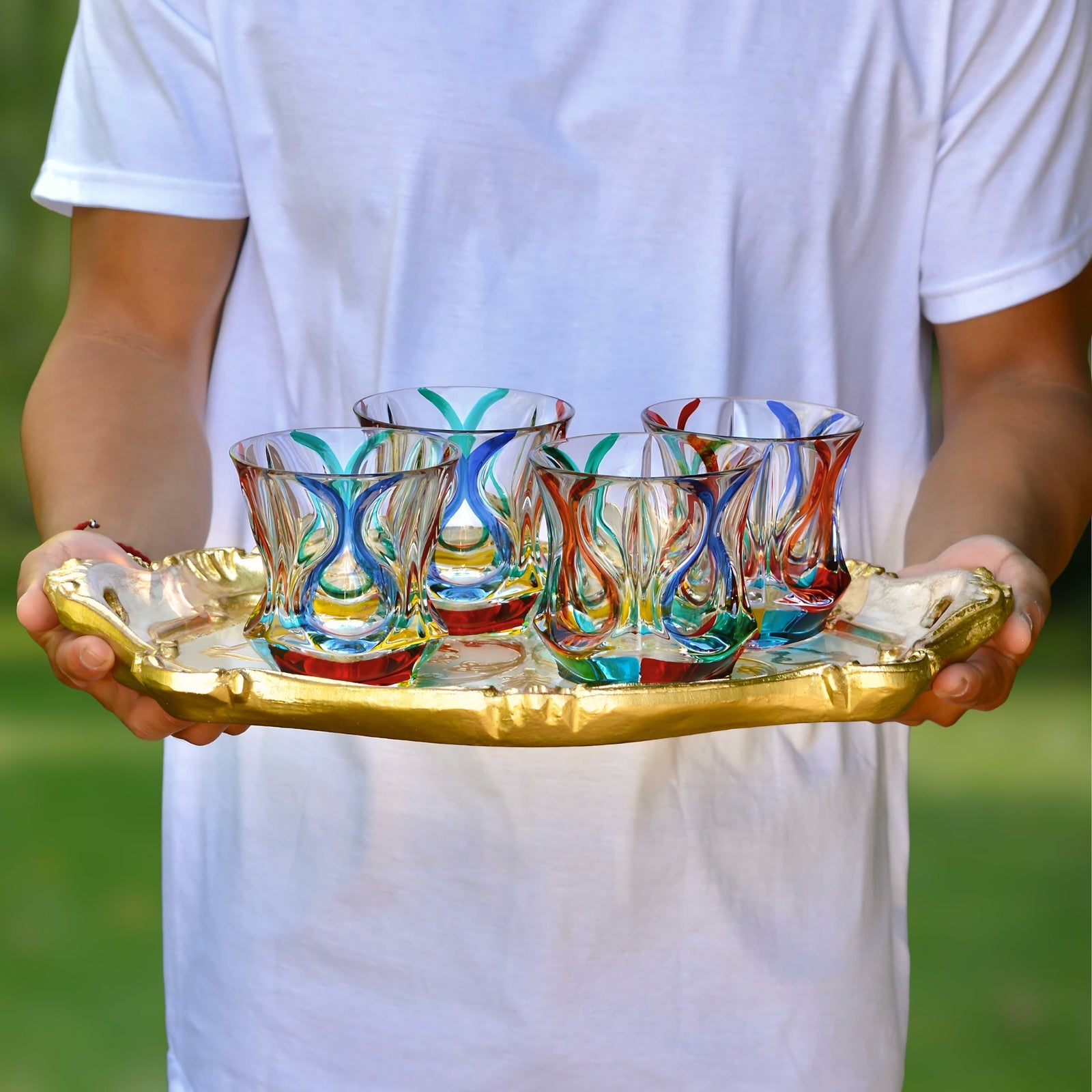 Pair of DZ Mare hand-painted Italian crystal short tumblers featuring intricate designs, set of 2 for elegant drinking.