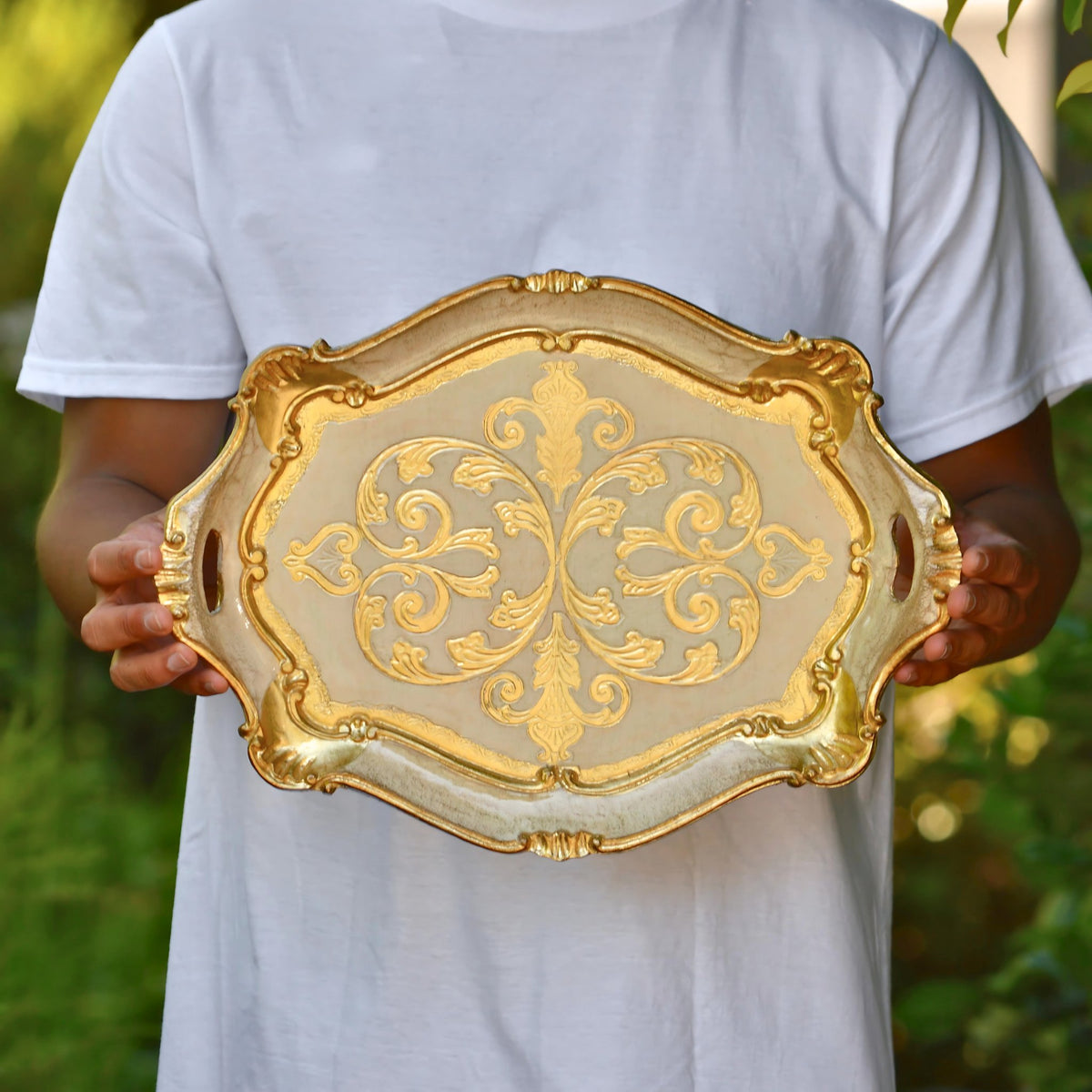 Florentine Carved Oval Scalloped Wood Tray with Handles