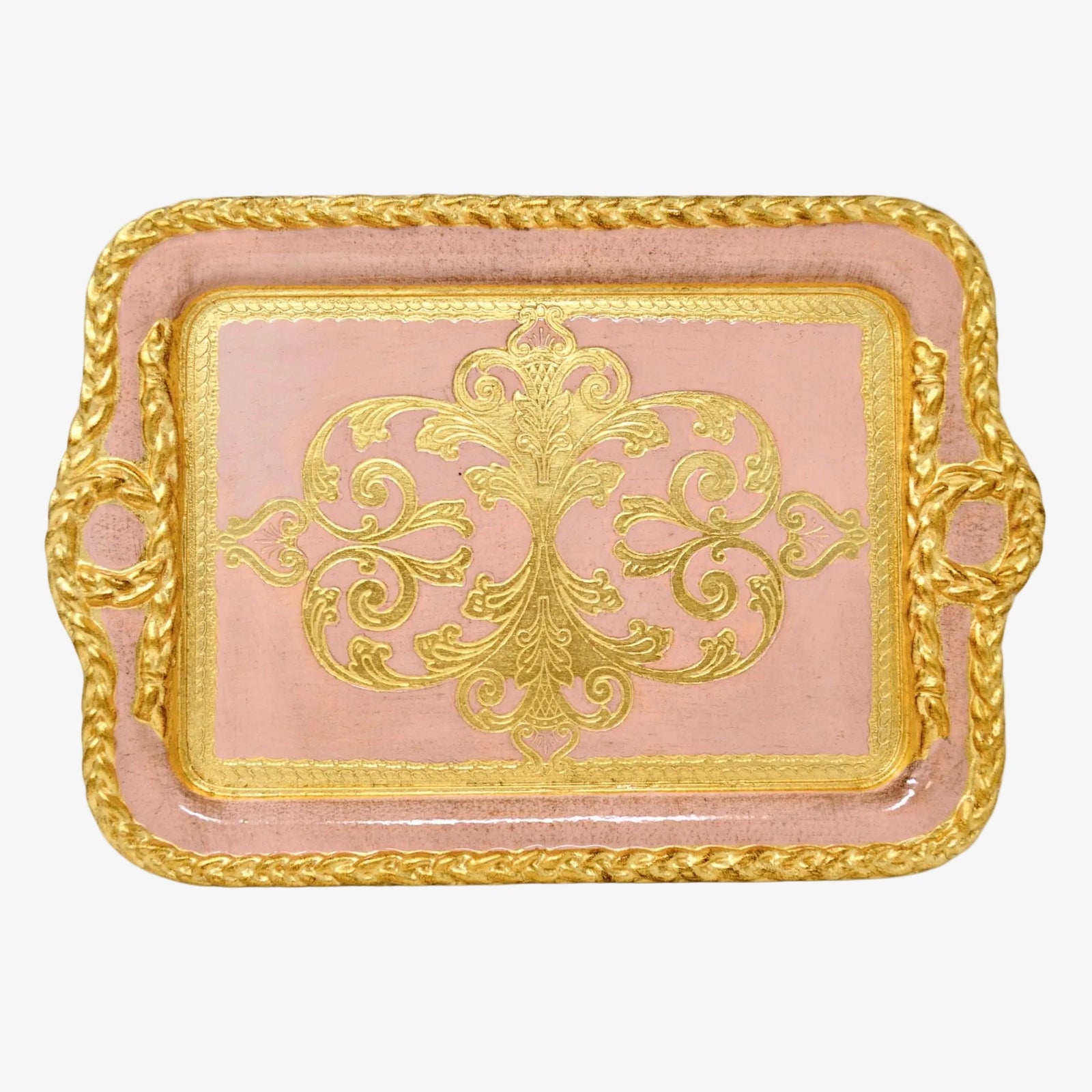 Decorative Florentine carved wood tray with gilded gold finish, rectangular shape, made in Italy by My Italian Decor.