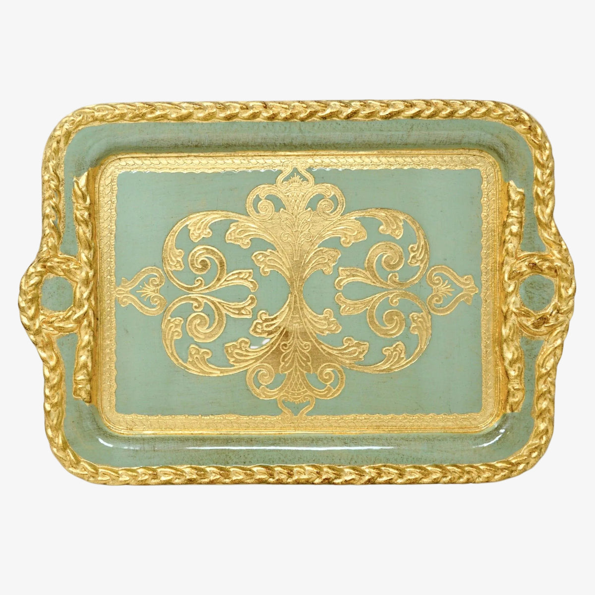 Decorative Florentine carved wood tray with gold gilded finish, rectangular shape, featuring intricate Italian craftsmanship.