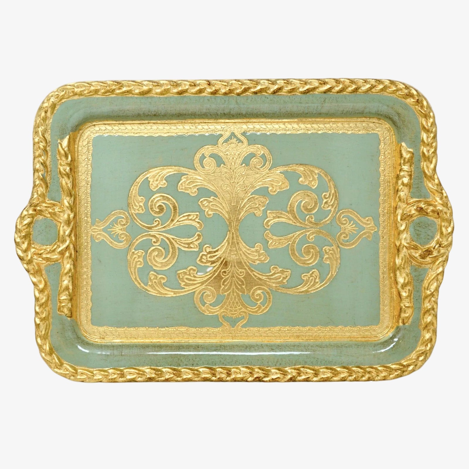 Decorative Florentine carved wood tray with gilded gold finish, rectangular shape, made in Italy by My Italian Decor.