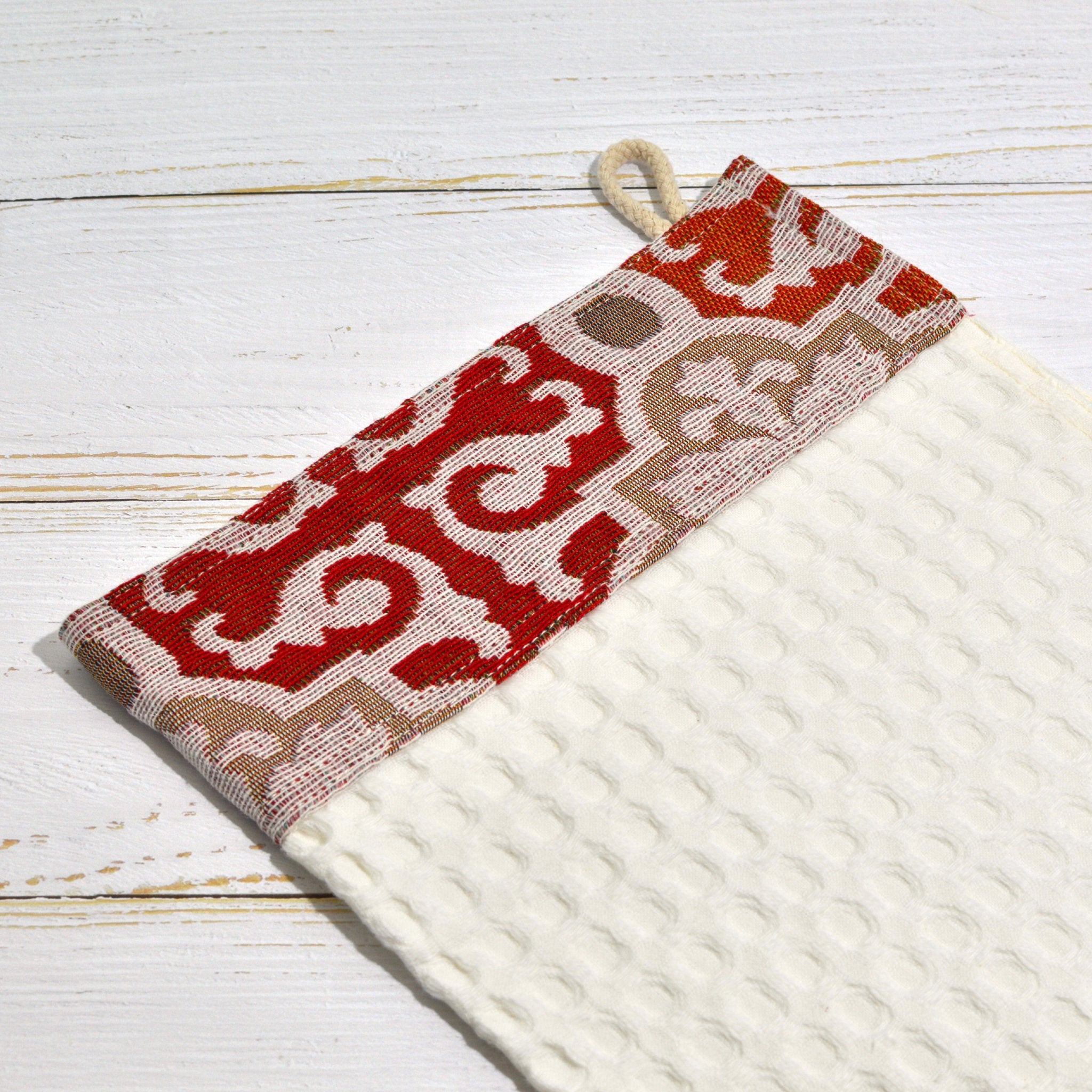 Red mosaic kitchen towel from My Italian Decor, assorted colors, made in Italy, featuring vibrant table linen design.