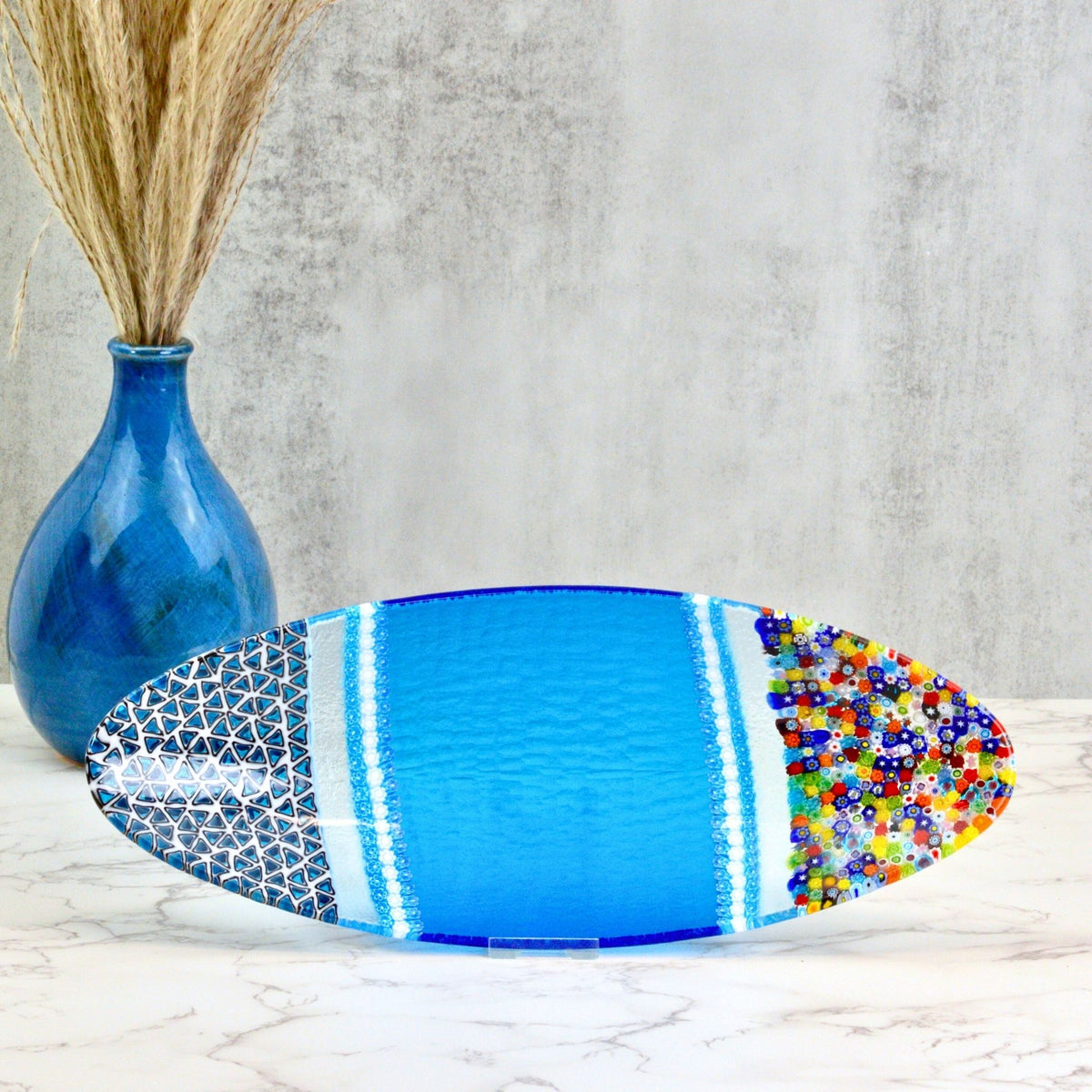Large Oval Murano Glass Decorative Dish, Sky Blue &amp; Millefiori - My Italian Decor