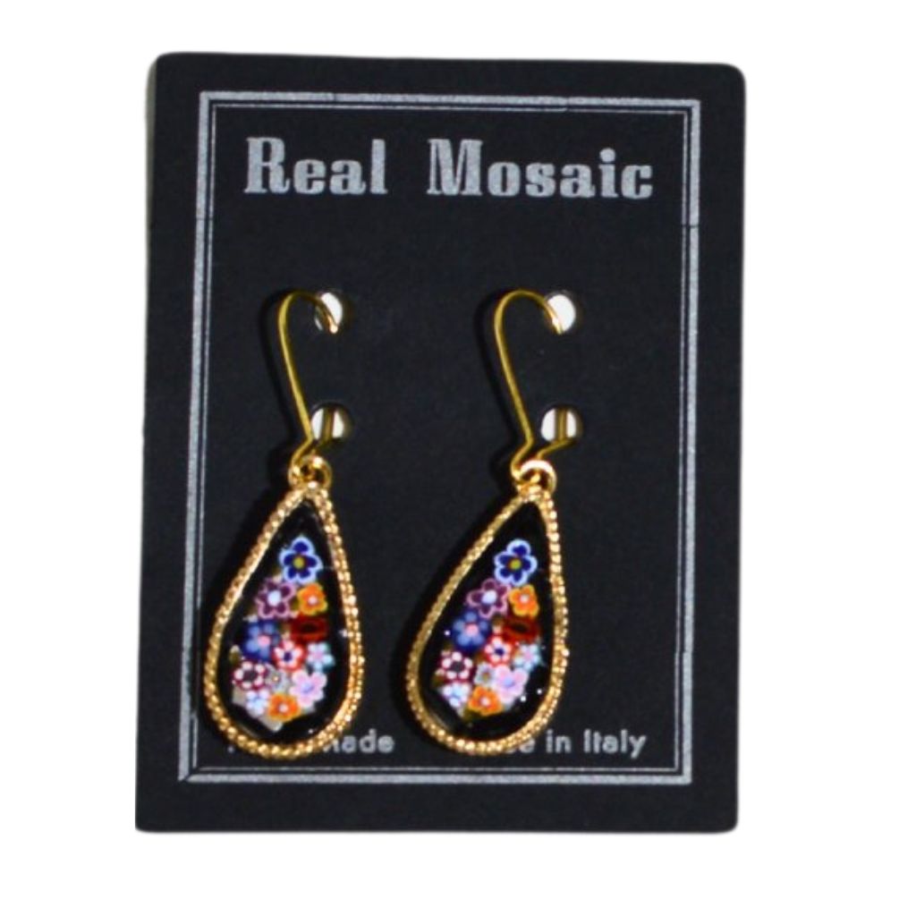 Large teardrop Florentine mosaic earrings with millefiori design, made in Italy, featuring vibrant cobalt blue colors.