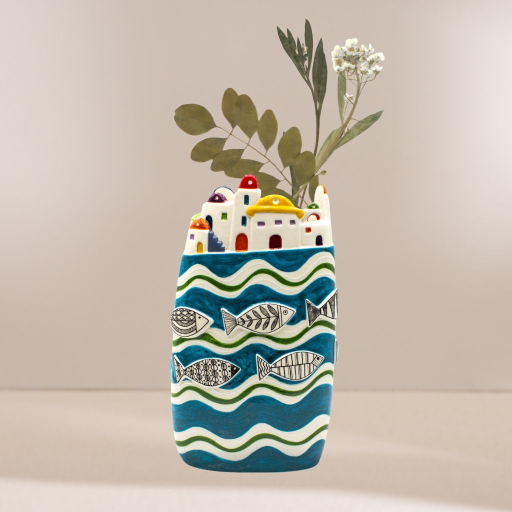 Large Ceramic Seaside Village Vase – Naples, Italy