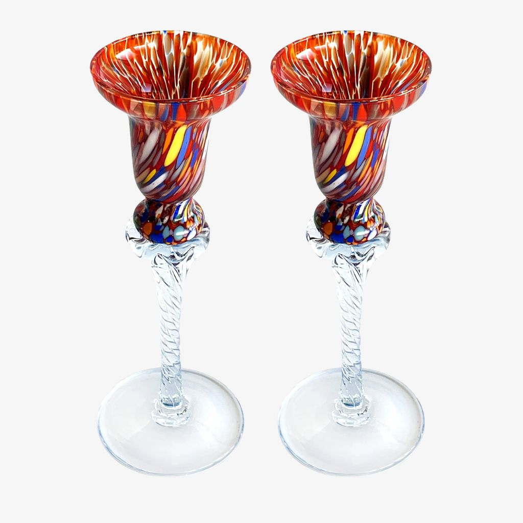 Set of 2 Candlestick Holders - Red and Multicolor