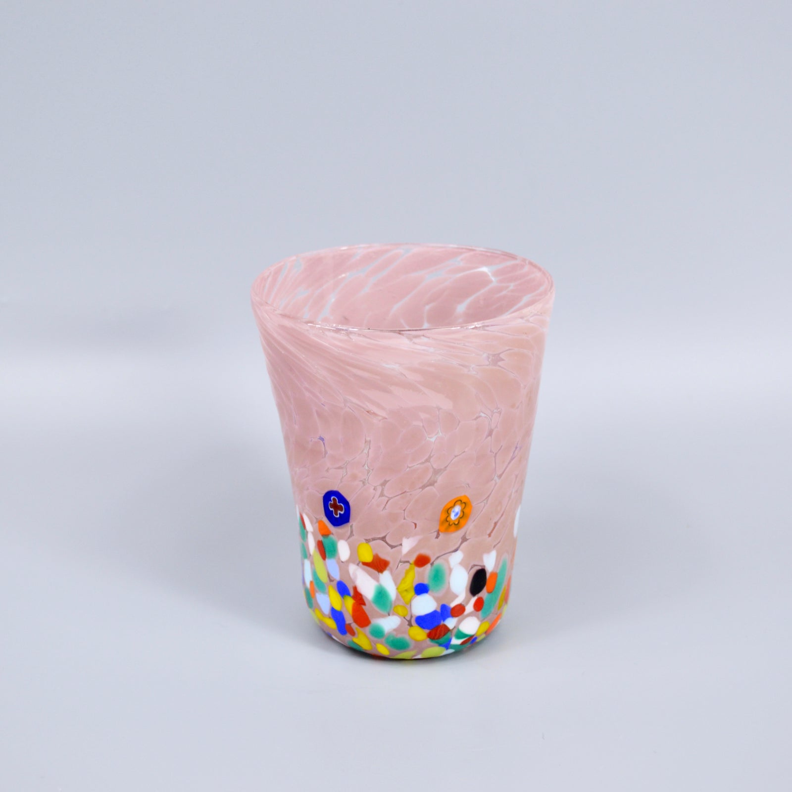 Medici Murano Glass Tumbler by MyItalianDecor featuring colorful Millefiori design, hand-blown drinking glass for elegant beverage service.