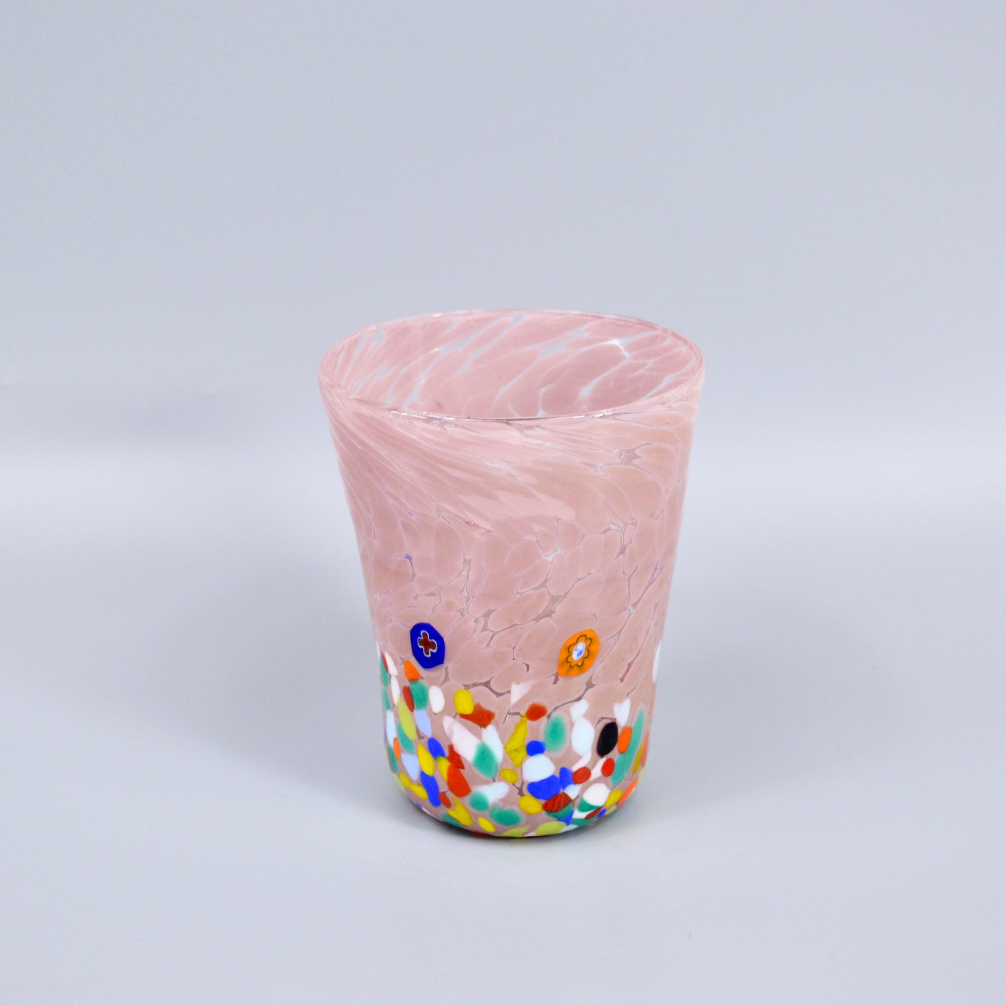 Lavender Medici Murano Glass tumbler with colorful millefiori patterns, handcrafted drinking glass by MyItalianDecor.